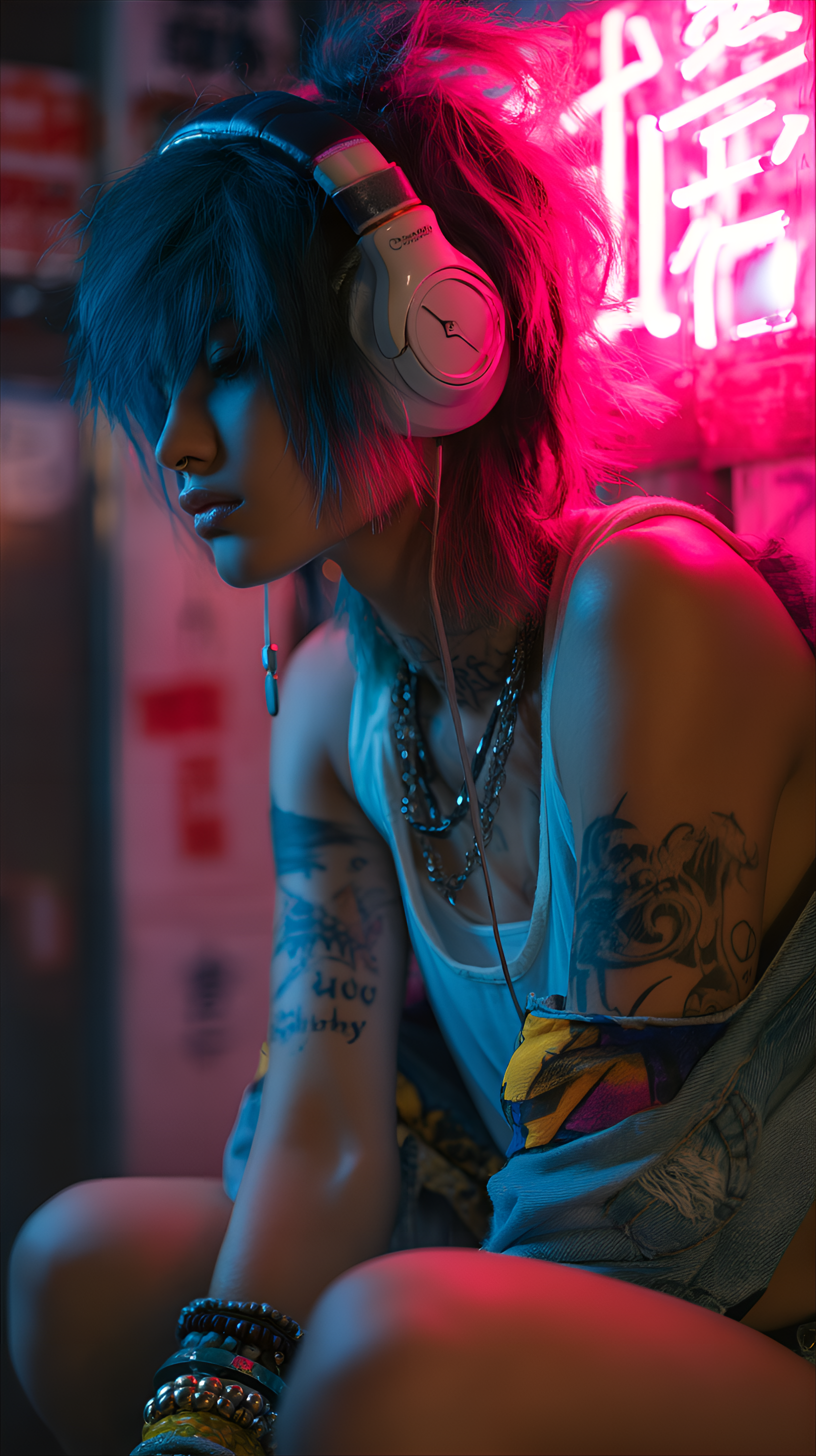 Midjourney prompt: character wearing headphones, lost in music, dark room lit by neon signs, any, E...