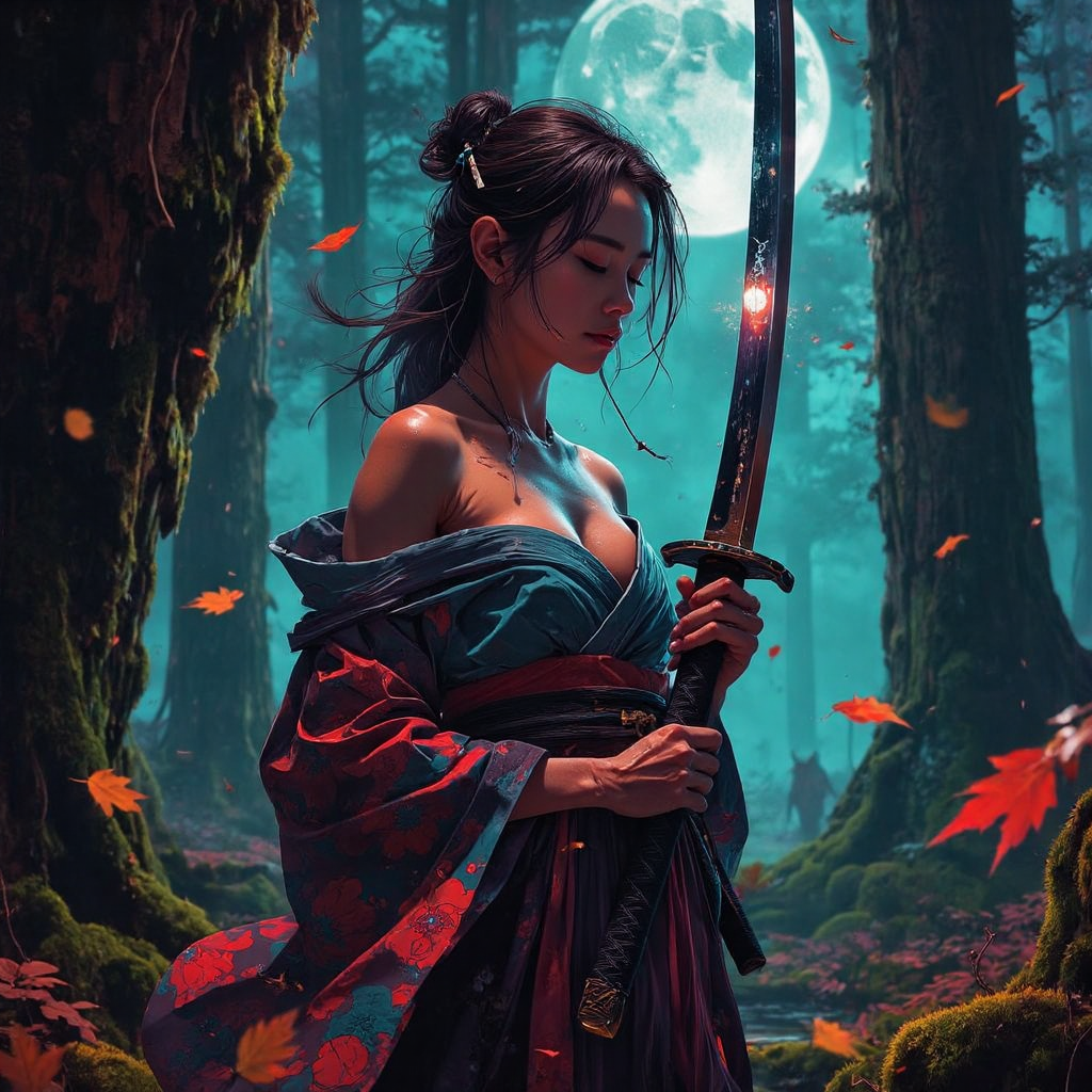 FLUX prompt: A serene yet intense scene in a dense, ancient forest during the stillness of tw...