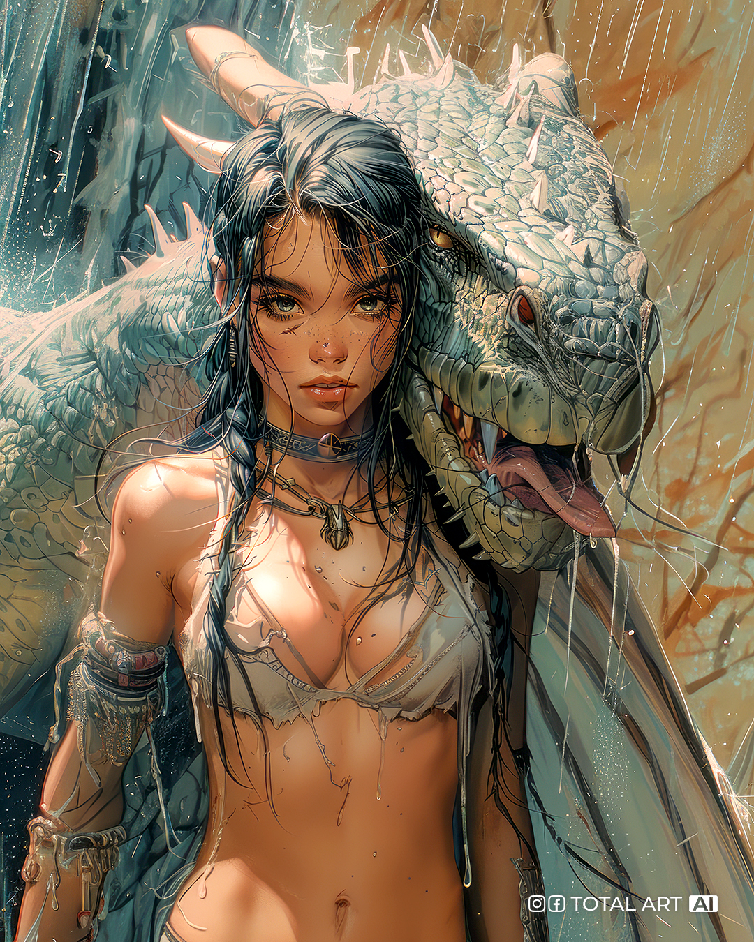 Midjourney prompt: Brave and kind-hearted, full body short of young beautiful black hair barbarian ...