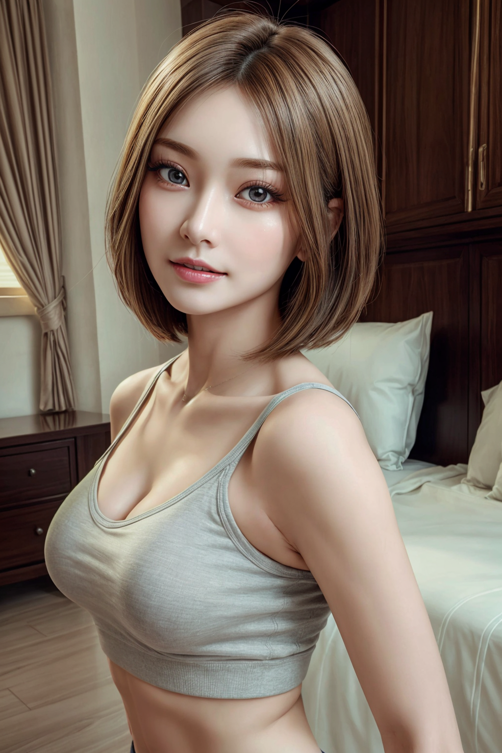 Level4 prompt: 1 girl, a Beautiful idol, (Cute Loose Bob hair), (casual clothes), (showing midr...