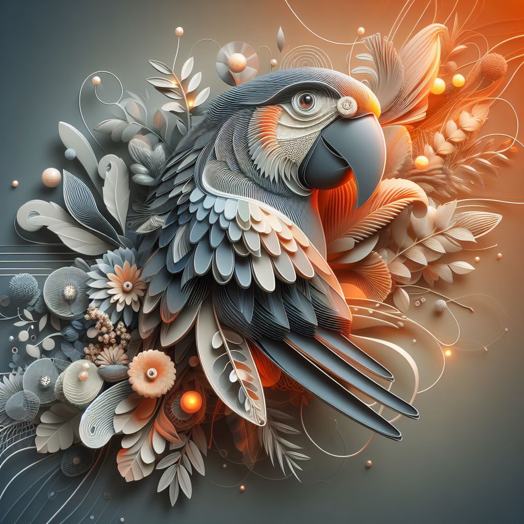 DALL·E prompt: abstract 3D shape parot, foliage and flowers incorporated, light emitting, orang...