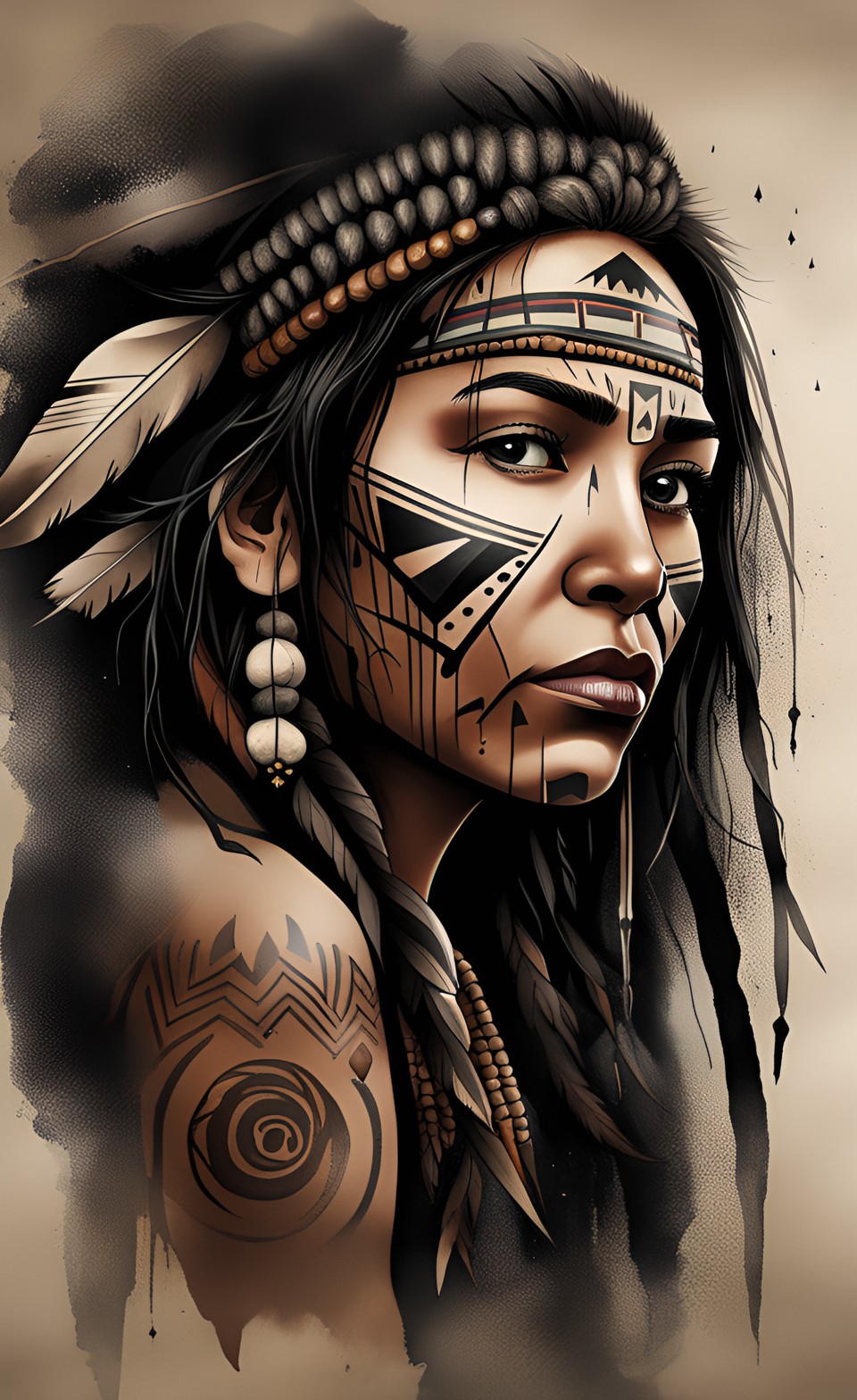 Stable Diffusion prompt: A portrait of a female tribal huntress, long hair, grunge appearance, geometric ...