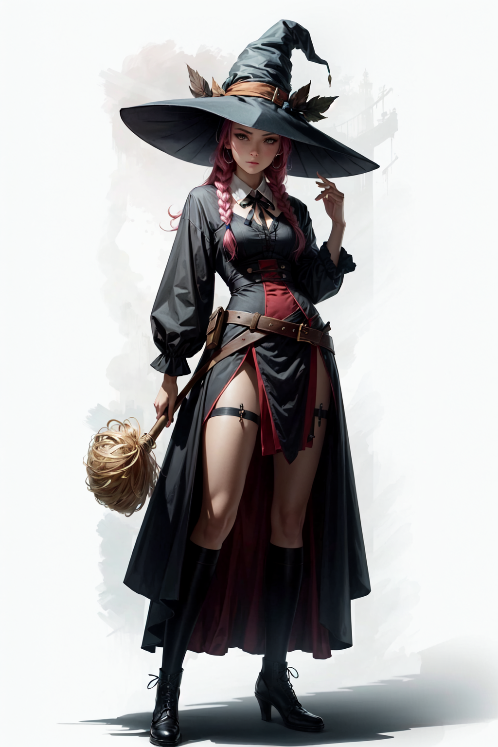 UnstableInkDream prompt: rugged girl witch wearing a magic school uniform, large wide-brimmed witch hat, ...