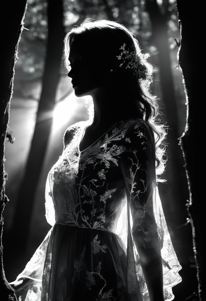Stable Diffusion prompt: silhouette of a woman, from the side, in a dark forest, wearing a loose sheer dr...