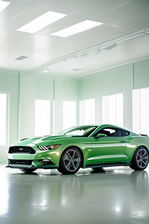 Unvail AI 3DKX v2 prompt: All white tile room, metallic green ford mustang, perfect orange, bright lightin...