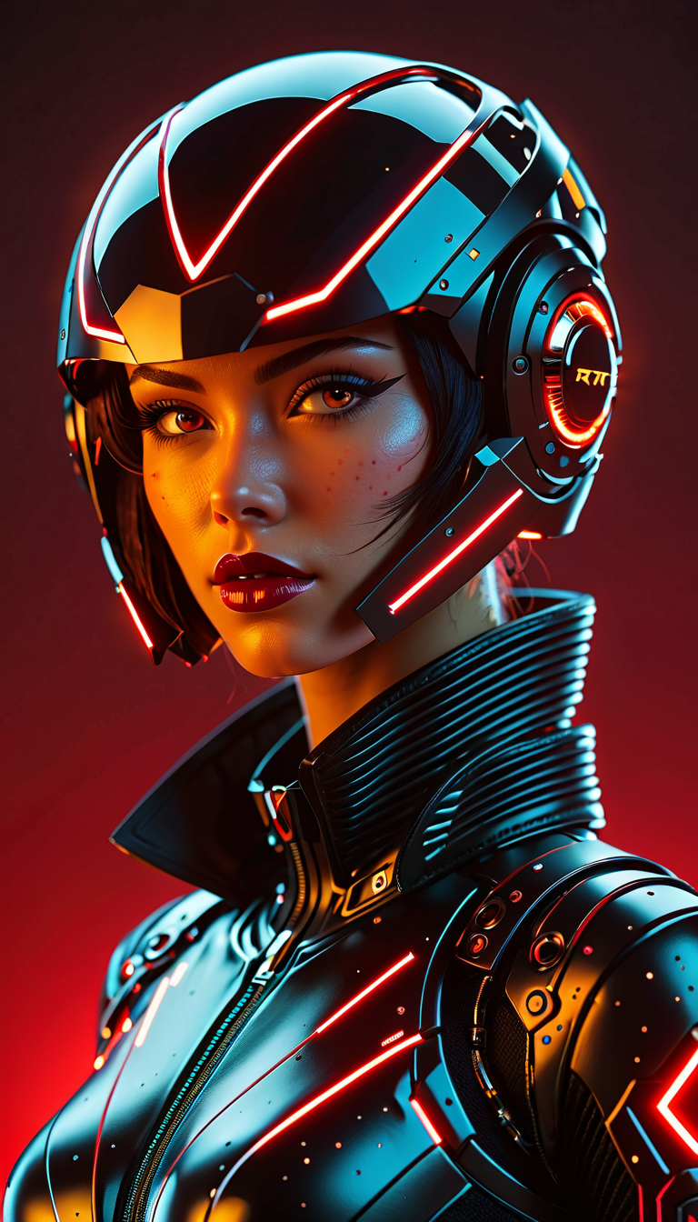 Stable Diffusion prompt: Futuristic cyborg girl featuring a captivating cybernetic helmet adorned with vi...