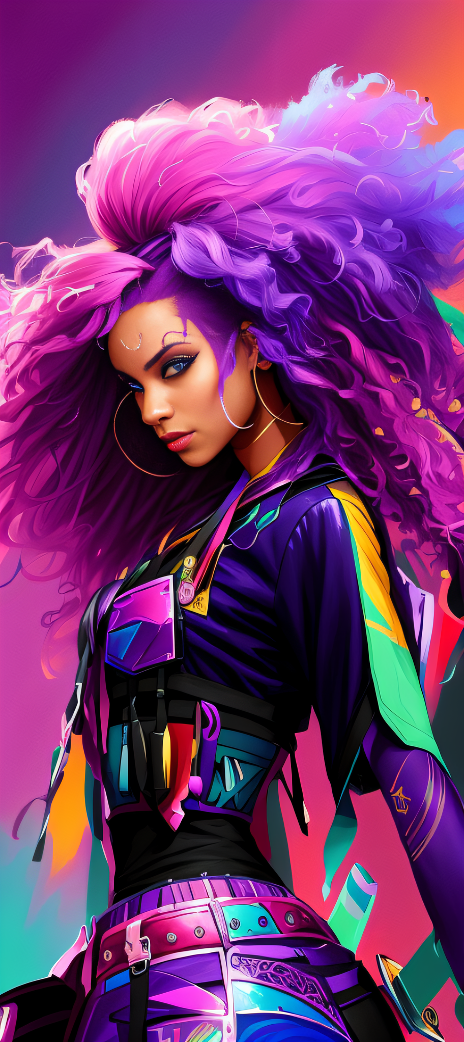 Deliberate prompt: arafed woman with purple hair and a colorful outfit holding a knife, rossdraws |...
