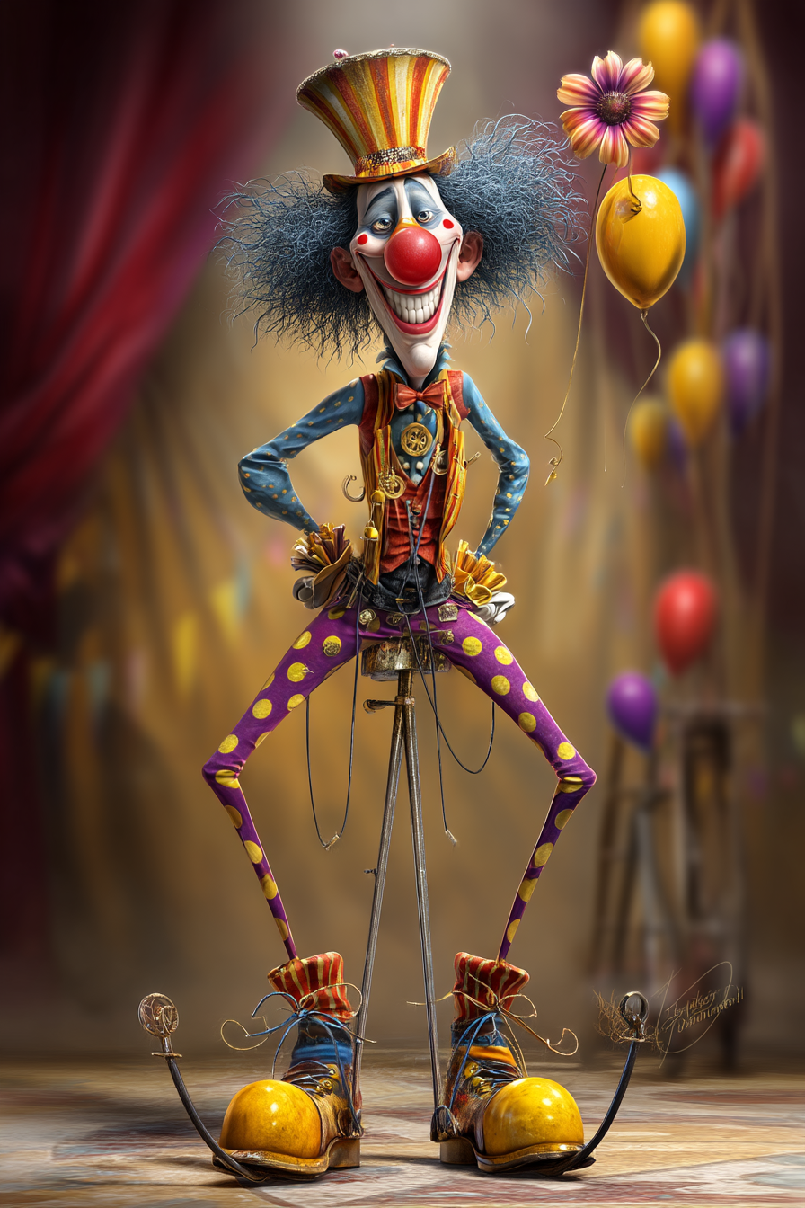 Midjourney prompt: funny caricature, zany clown character, 35 years old, colorful, mischievous, ela...