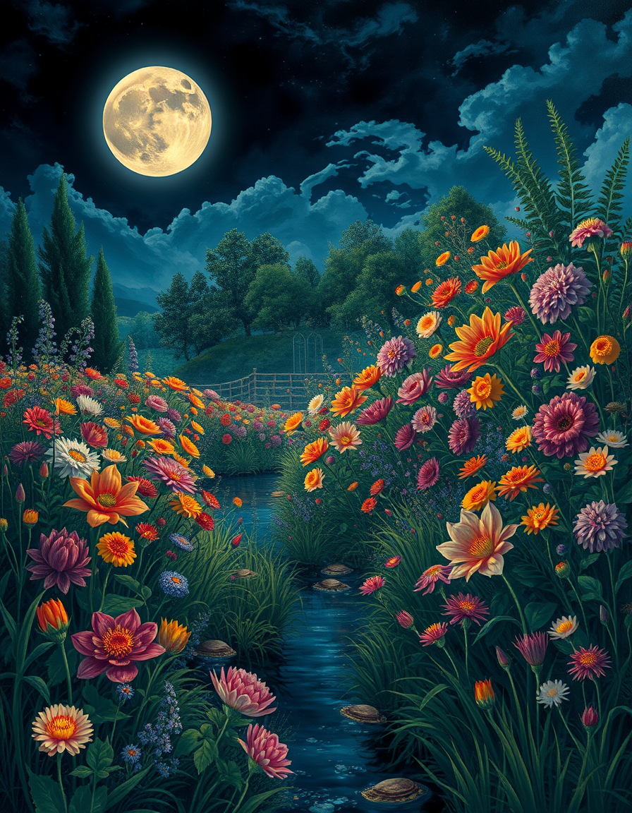 FLUX prompt: in the style of hans zatzka and arkhip kuindzhi, Nighttime flower garden, moonli...
