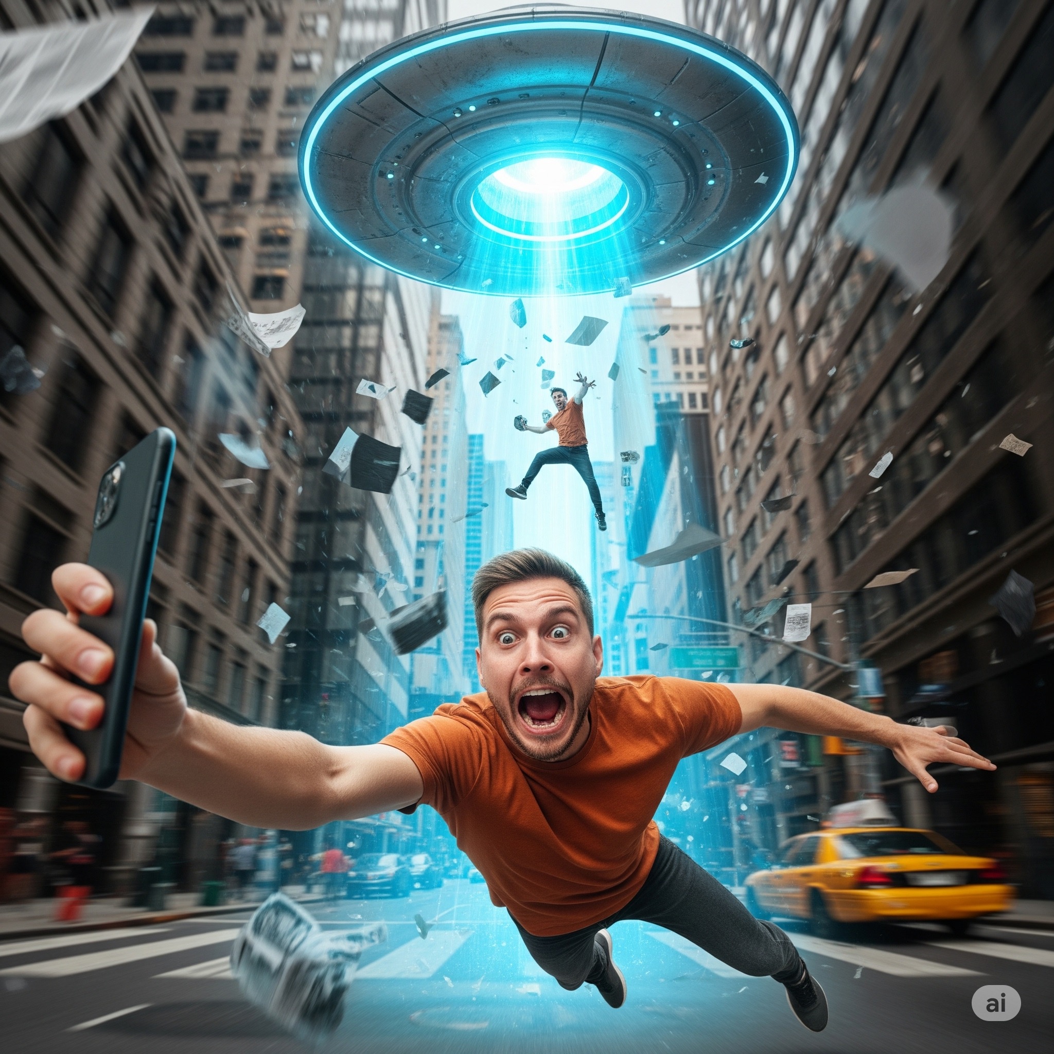ChatGPT Image prompt: { "scene": { "type": "urban sci-fi chaos", "setting": { "location": "city street...
