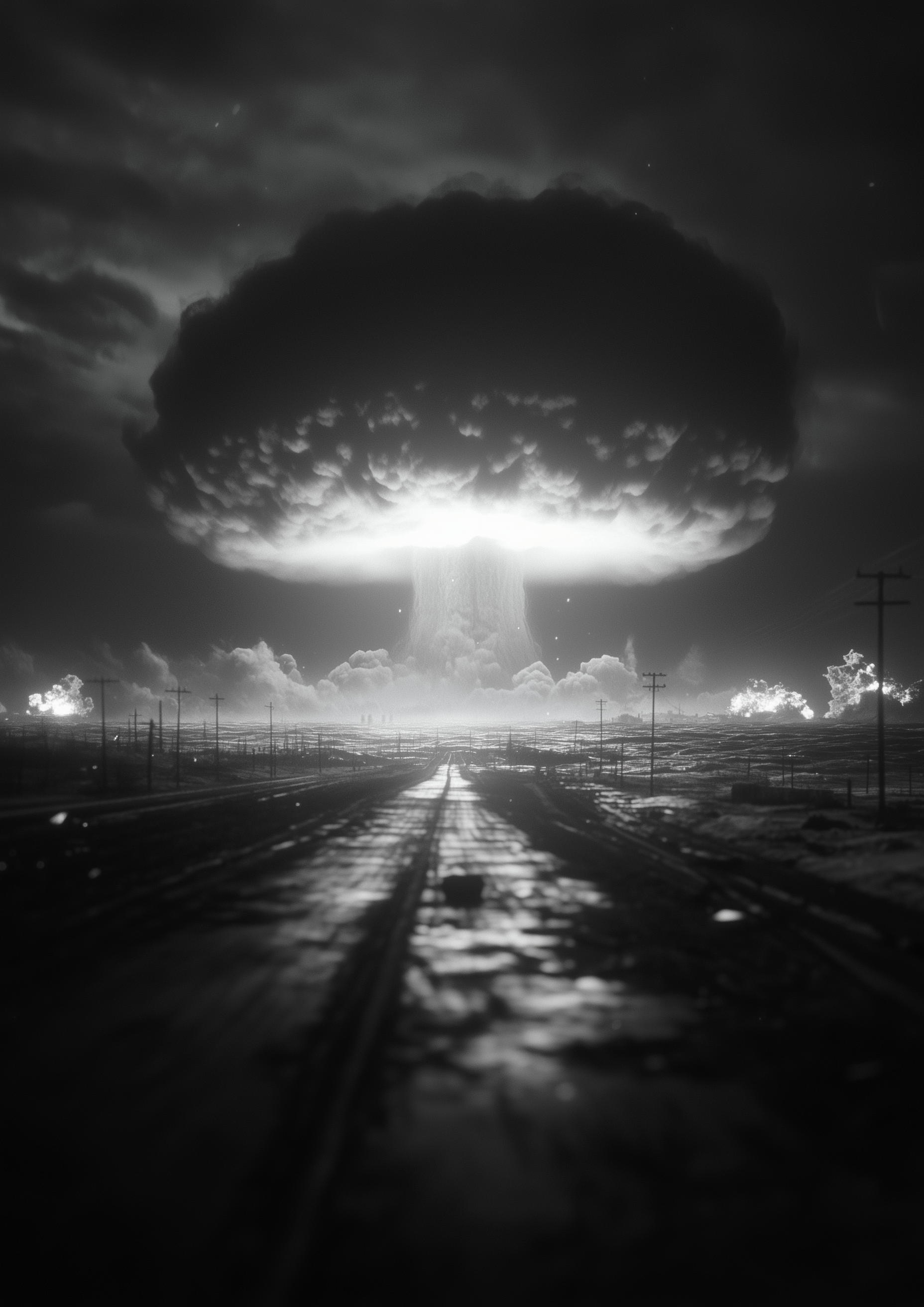 Midjourney prompt: A mushroom cloud from an atomic bomb explosion over the Pacific Ocean, seen in b...