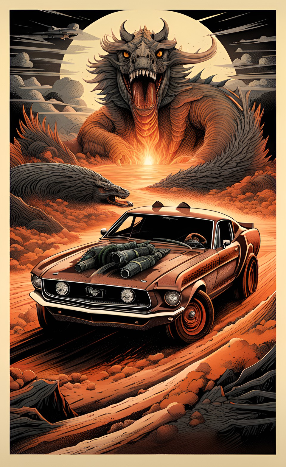 Stable Diffusion prompt: A retro vintage Comic style poster, of a post apocalyptic universe, of a muscle ...