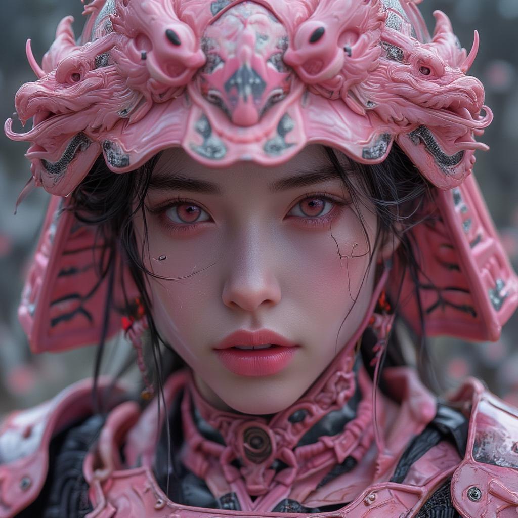 FLUX prompt: 3d render, a women wearing pink samurai armours, close-up shot.