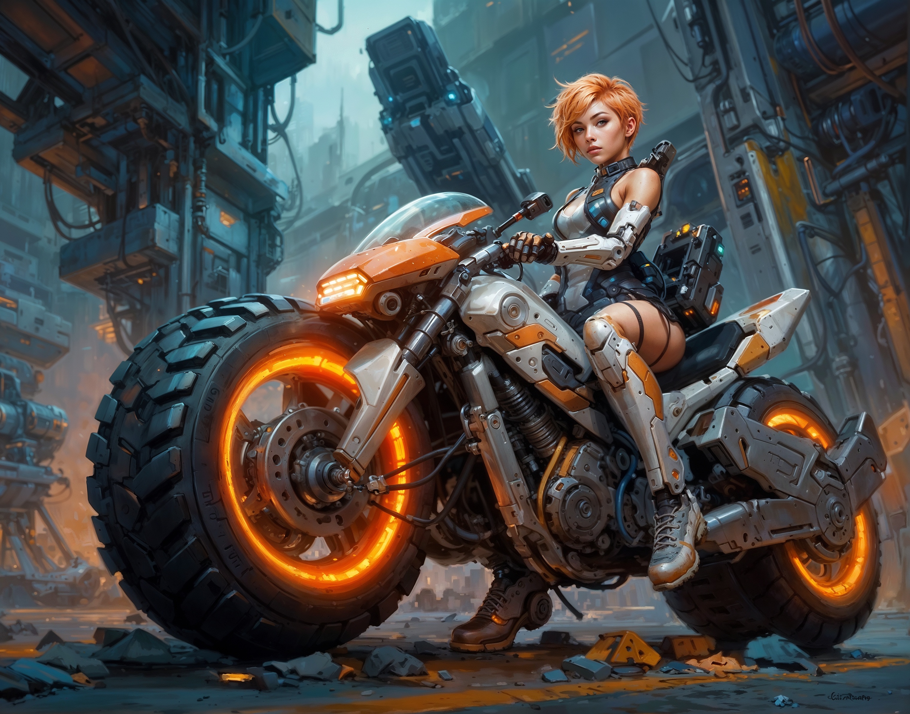 SD XL prompt: 1 cute cyborg lady holding onto futuristic motorcycle with left Hand , left hand...