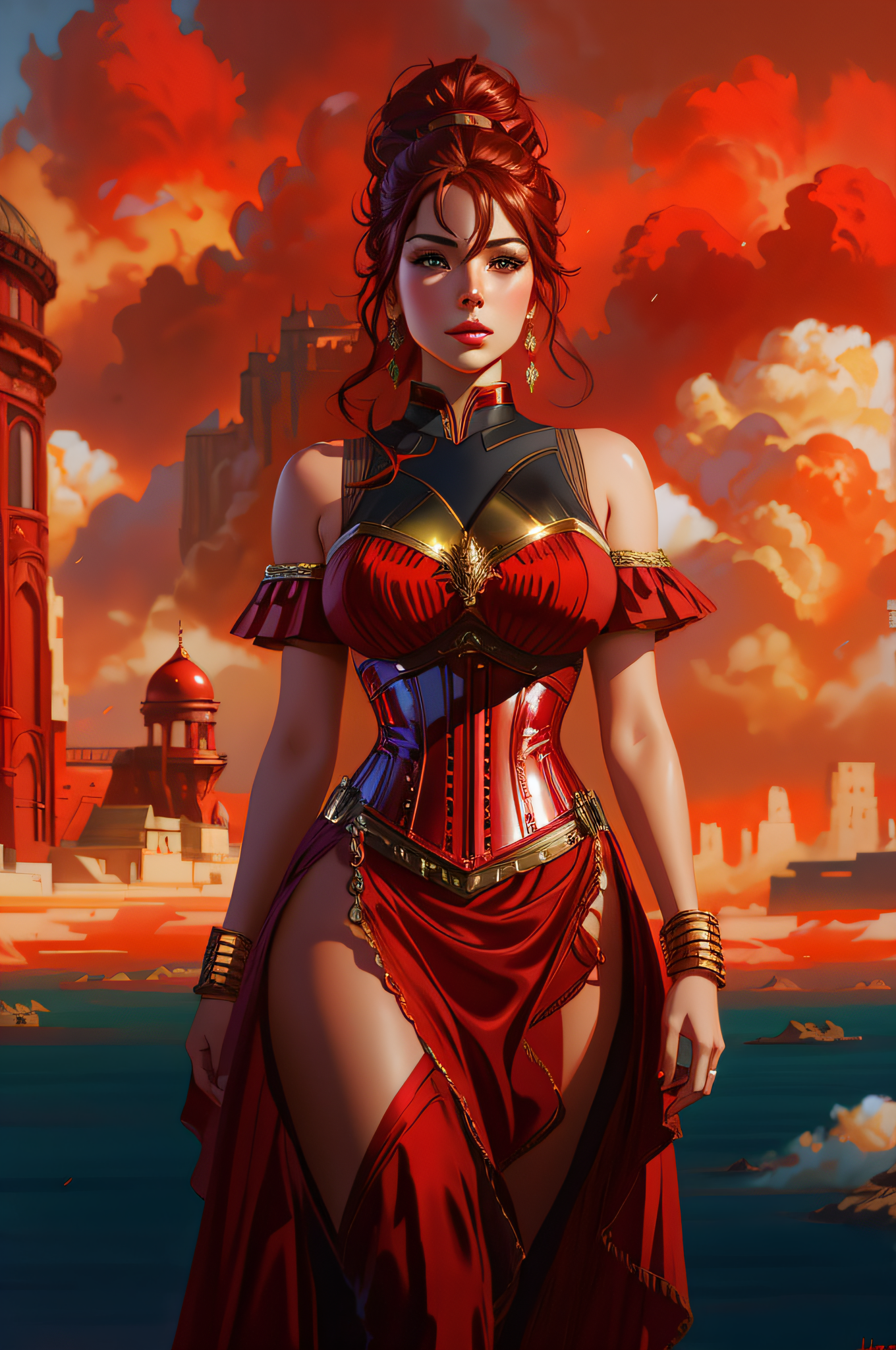 DreamShaper prompt: arafed woman in a red corset and a red dress, karol bak uhd, alena aenami and ar...