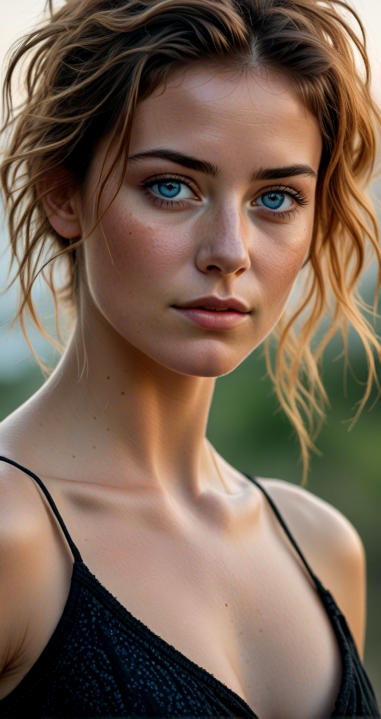 Juggernaut XL prompt: An image of a woman with medium-length tousled hair and piercing blue eyes looki...