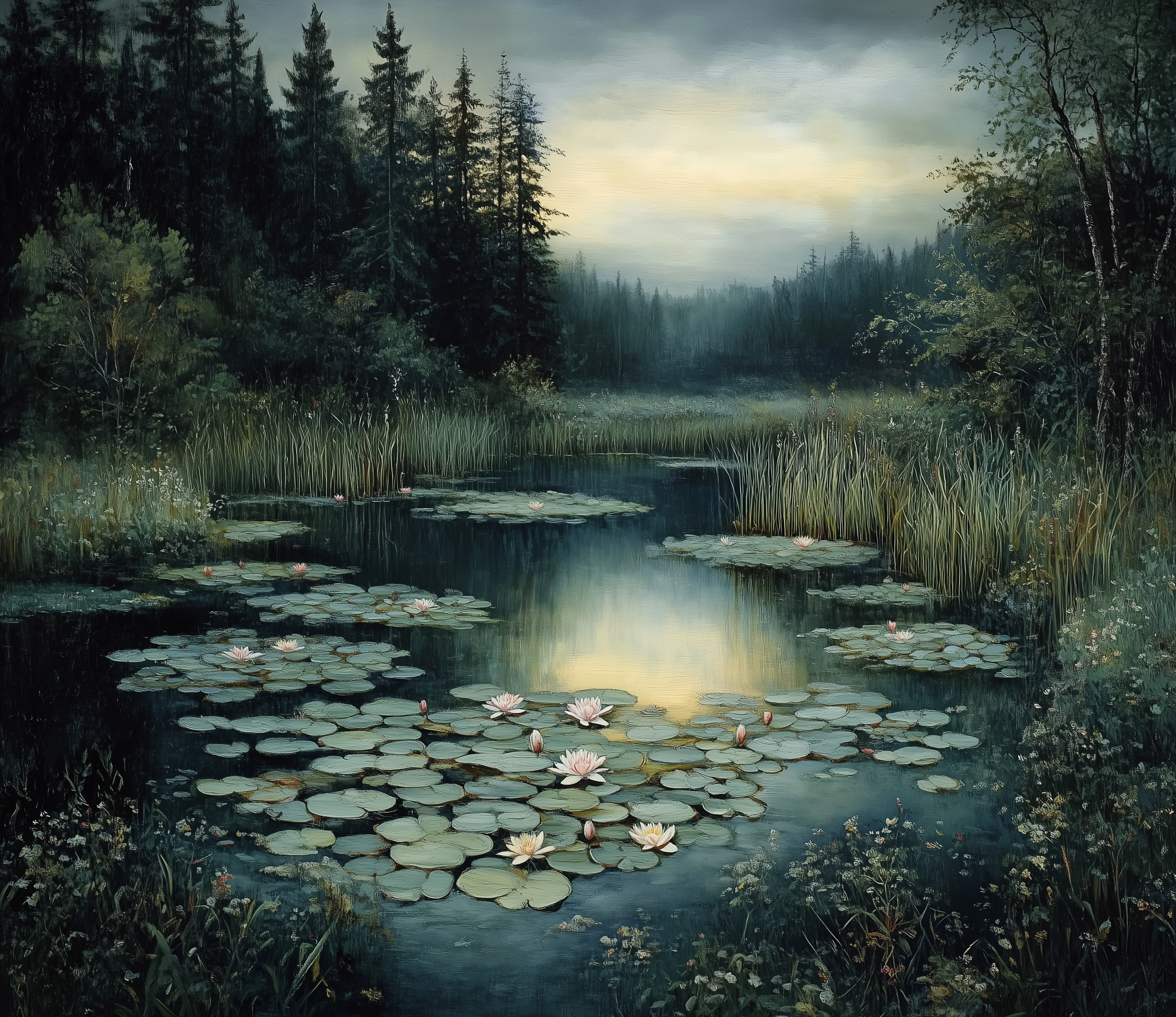 Midjourney prompt: A Renaissance painting of an isolated pond with lily pads and ducks, surrounded ...