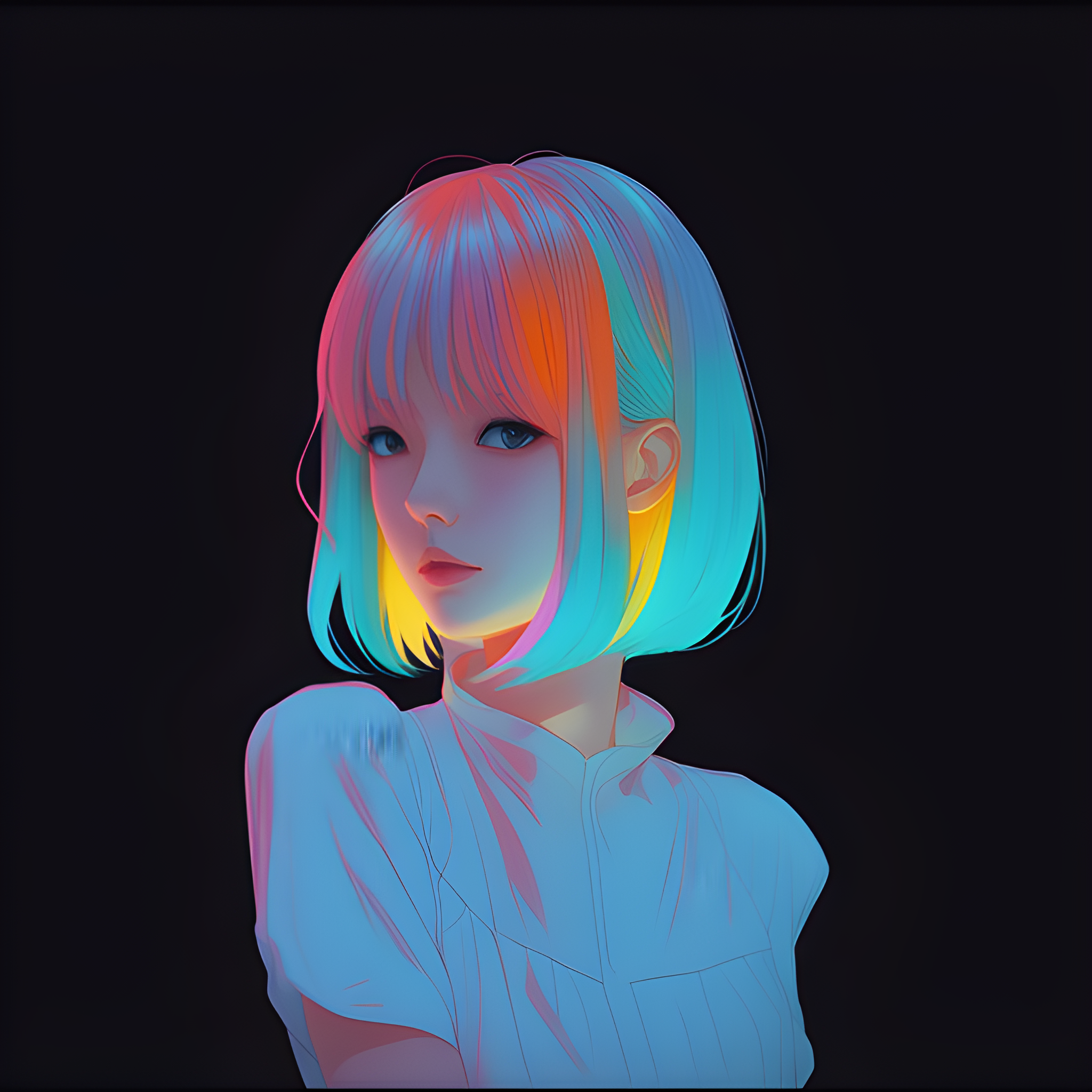 Deliberate prompt: a close up of a person with a colorful hair and a black background, anime style ...