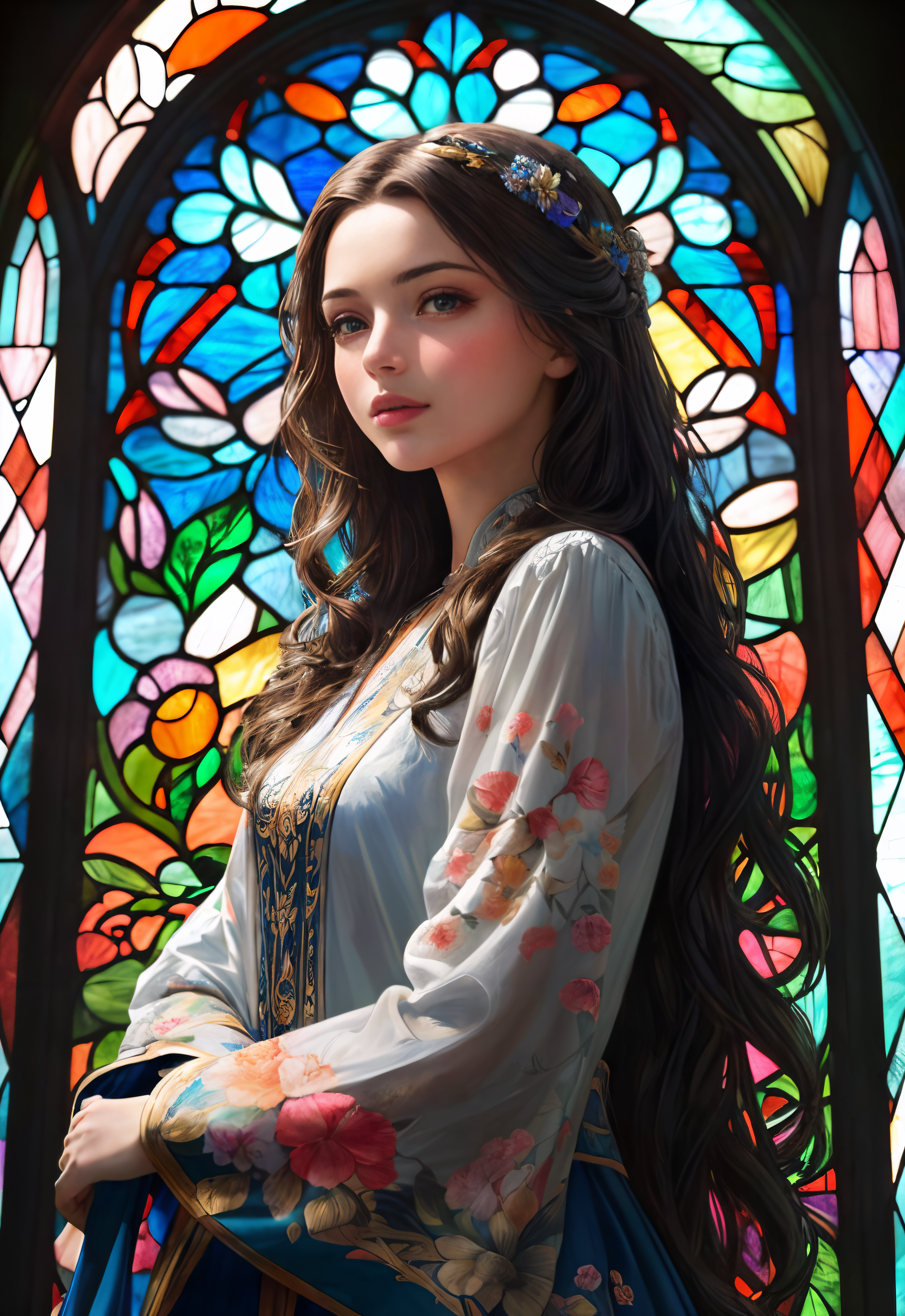 DreamShaper prompt: (masterpiece , best quality:1.2) , [stained glass window design of a beautiful E...