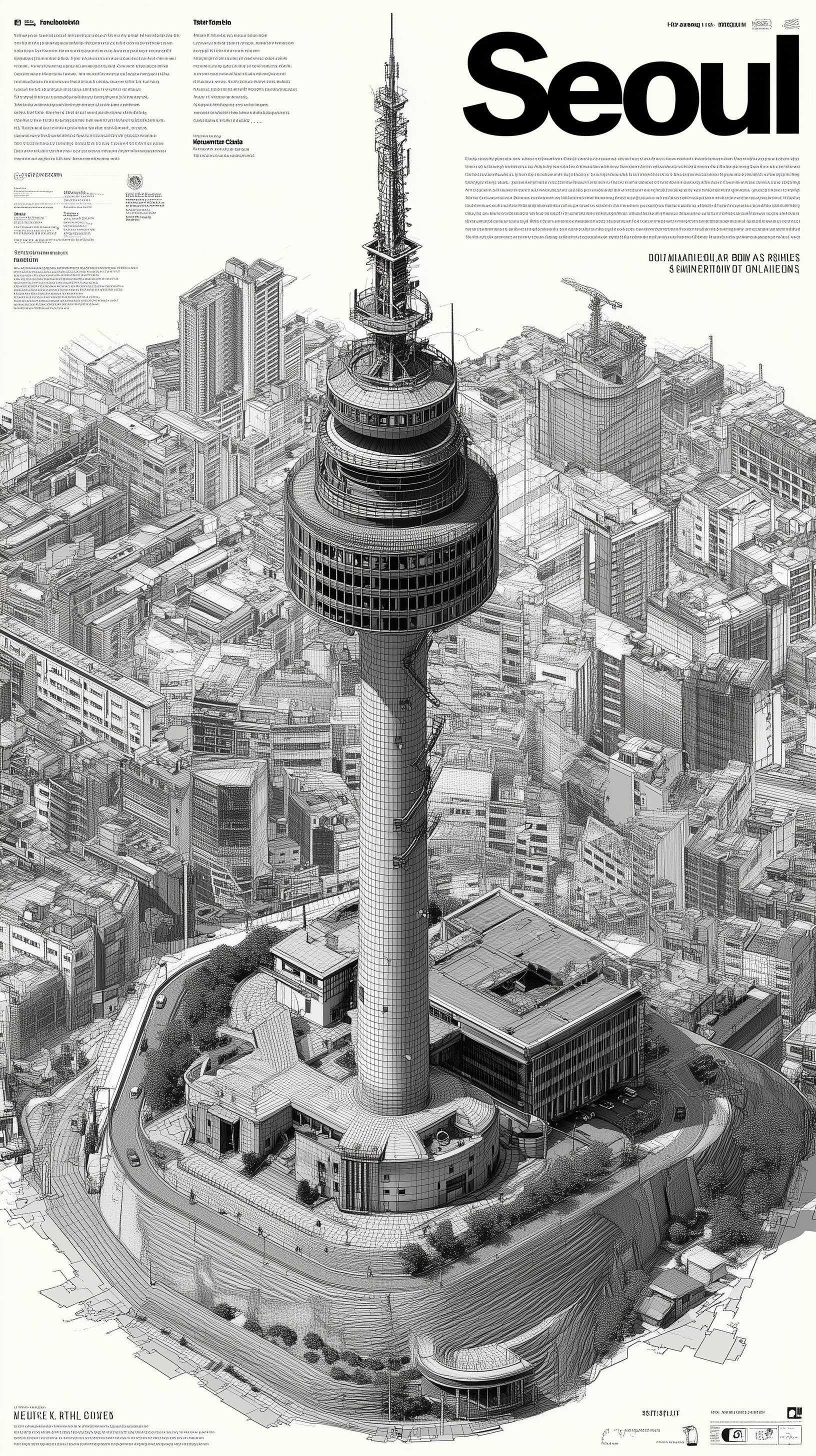 Midjourney prompt: axonometric 30 degree view, seoul, Namsan Seoul Tower, lettering "Seoul", promin...