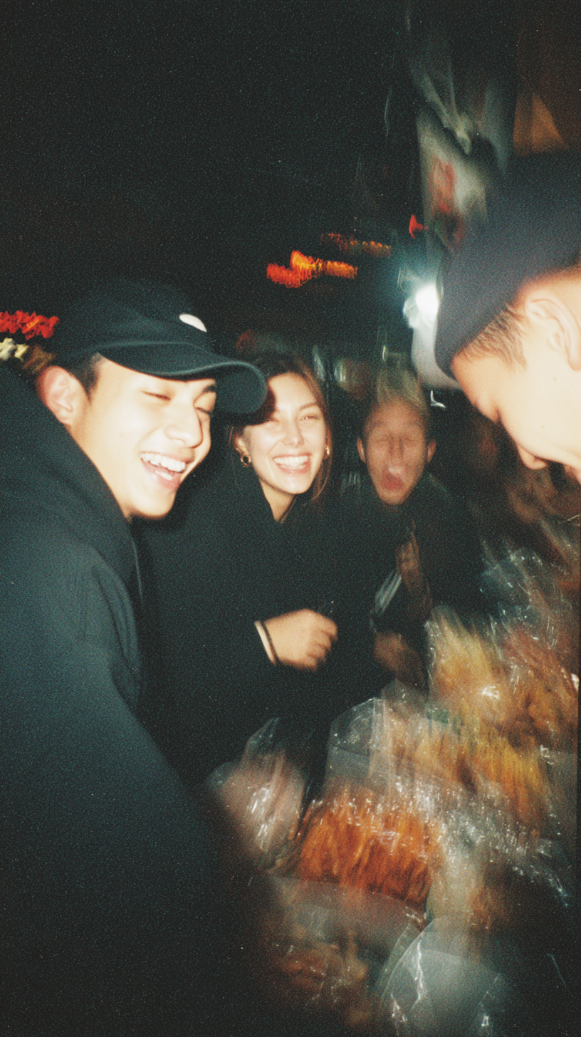 Midjourney Shatter prompt: flash photography, night street snap, disposable camera style, group of friends ...