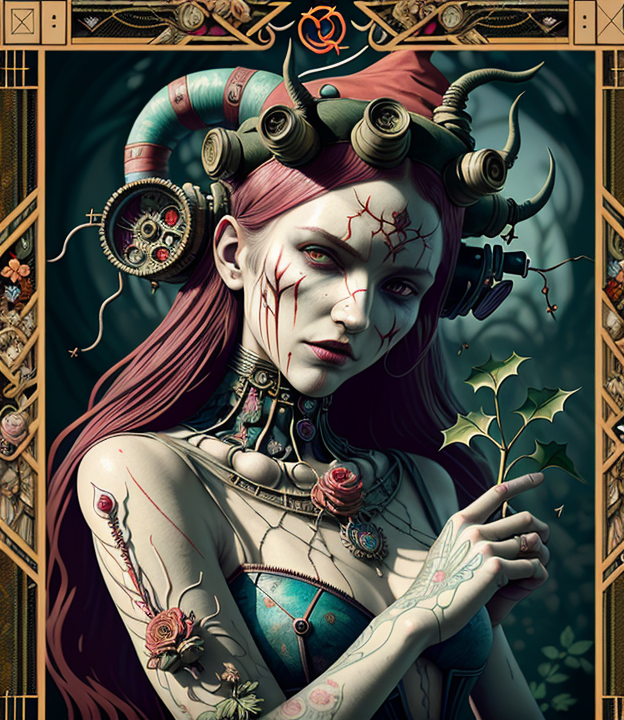 Deliberate prompt: tarot card with intricate detailed frame around the outside, portrait of cyberpu...