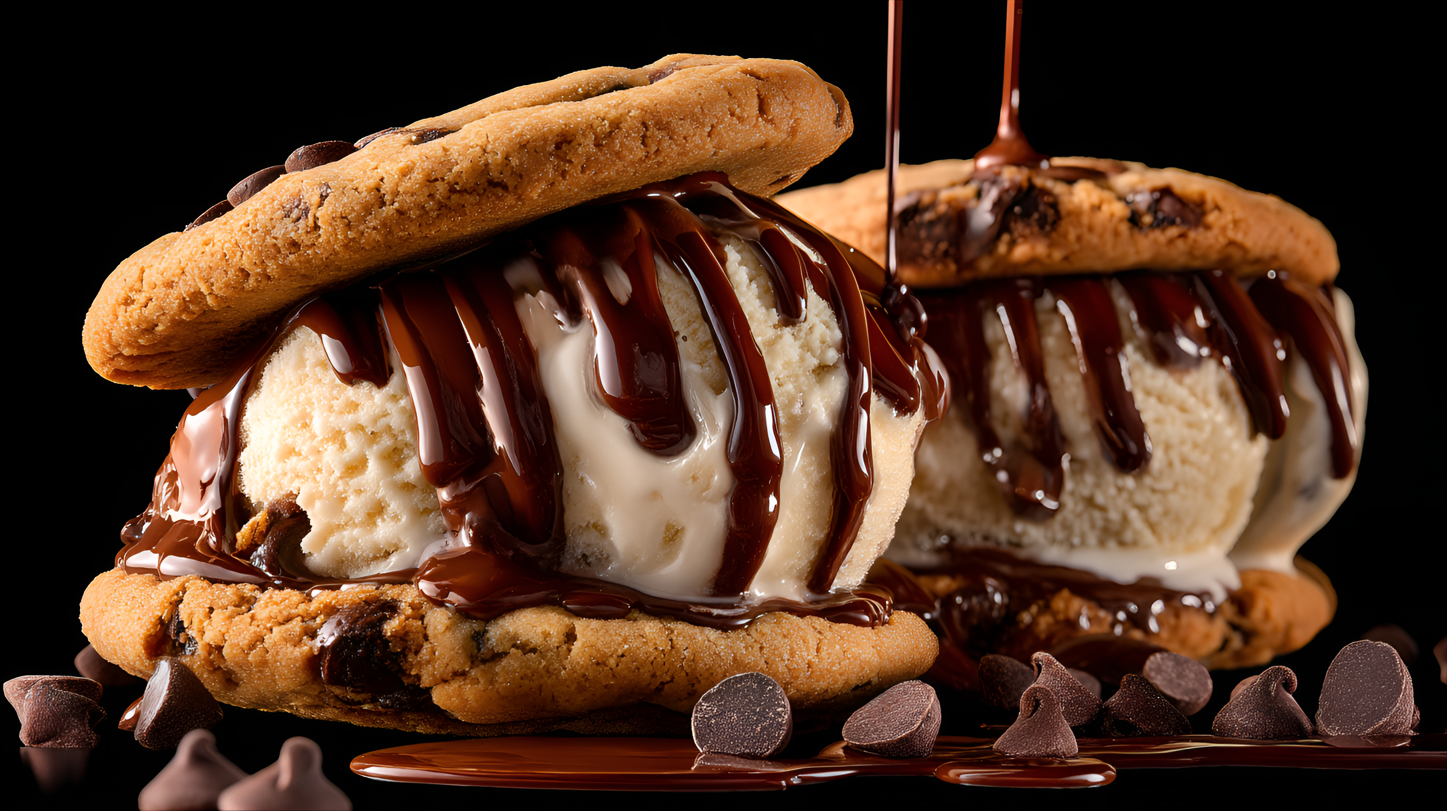 Midjourney prompt: Two freshly "bread" of the sandwich A generous scoop of creamy, chocolatey ice c...