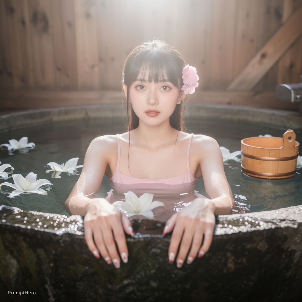 Hero prompt: A high-quality, photorealistic portrait of a beautiful young Asian woman soaking...
