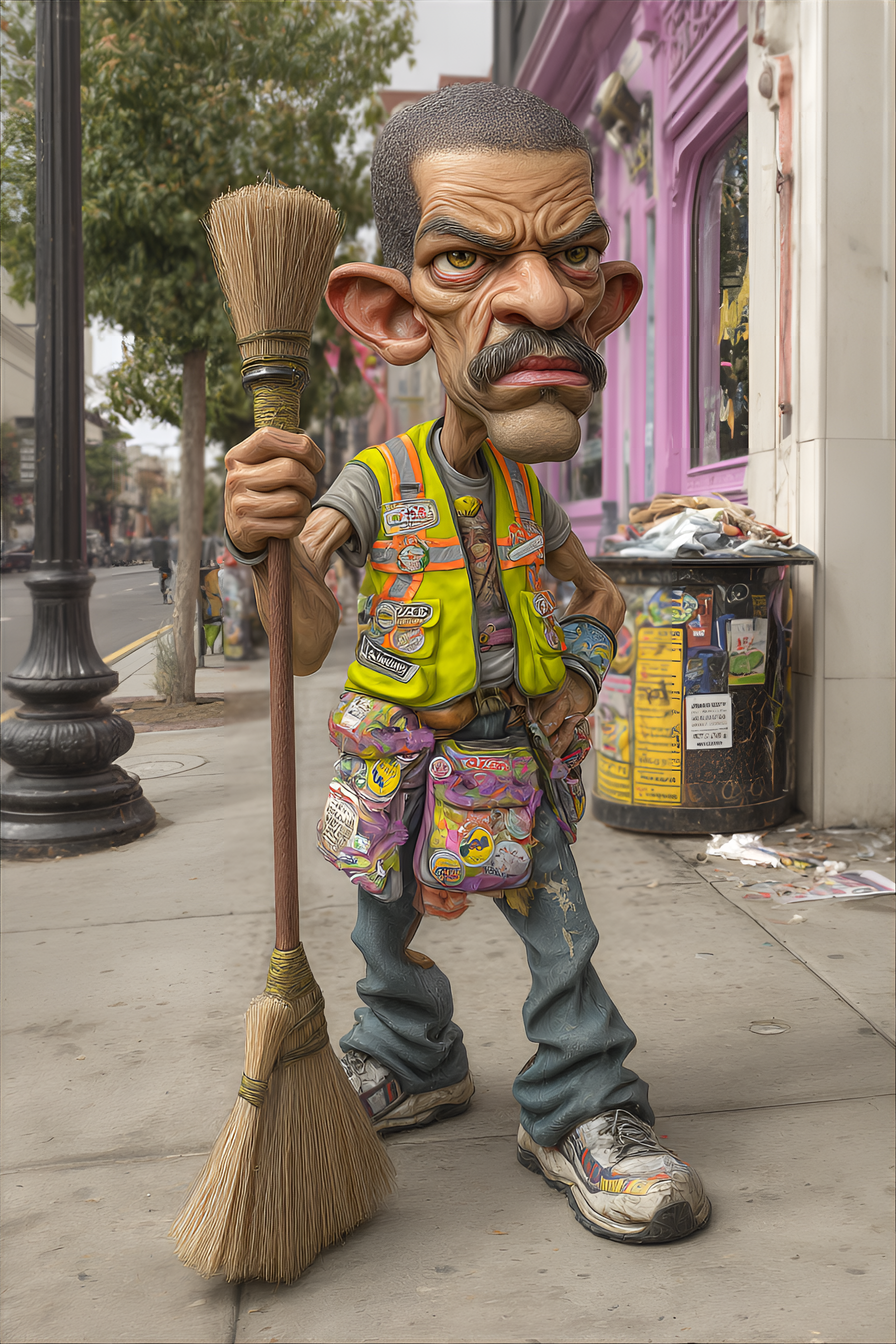 Midjourney prompt: funny caricature, ludicrous political street sweeper, 47 years old, mustached, b...