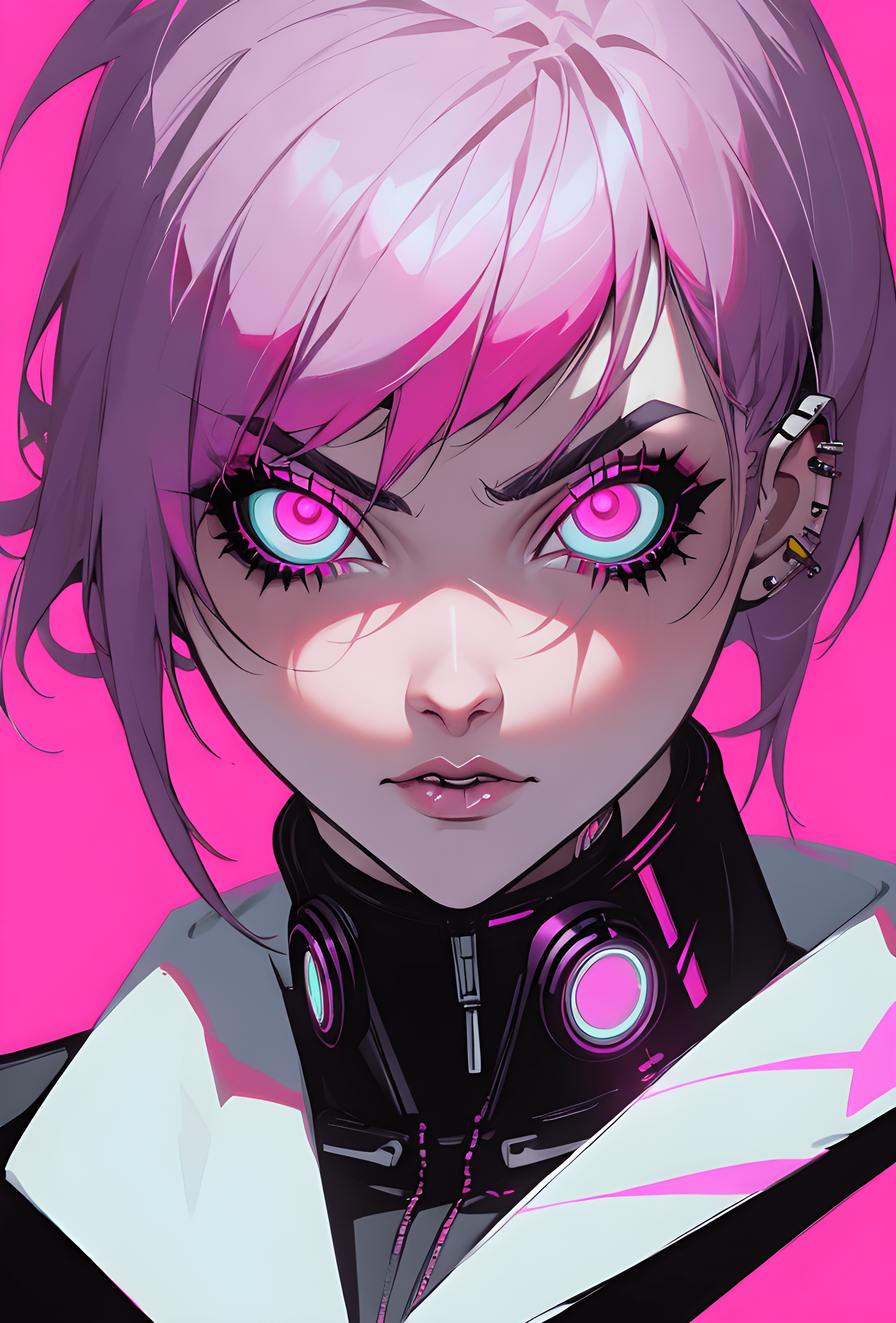Counterfeit-V2.5 prompt: a close up of a person with pink hair, cyberpunk art, inspired by Harumi Hironak...