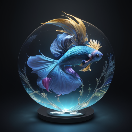 DreamShaper prompt: A captivating 3D render of an anime-style betta fish, emanating an aura of regal...