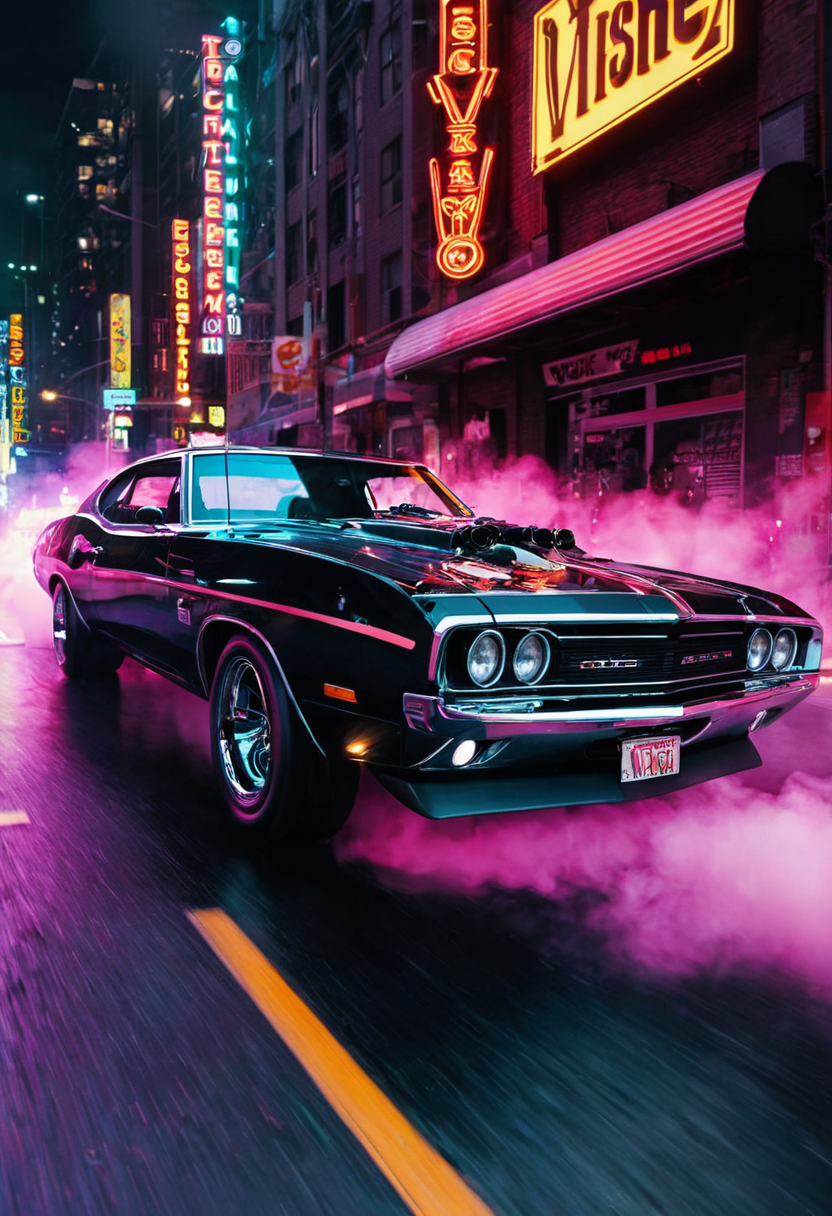 Stable Diffusion prompt: Alien-themed A late '60s muscle car,chrome-trimmed and powerful,revs its engine ...