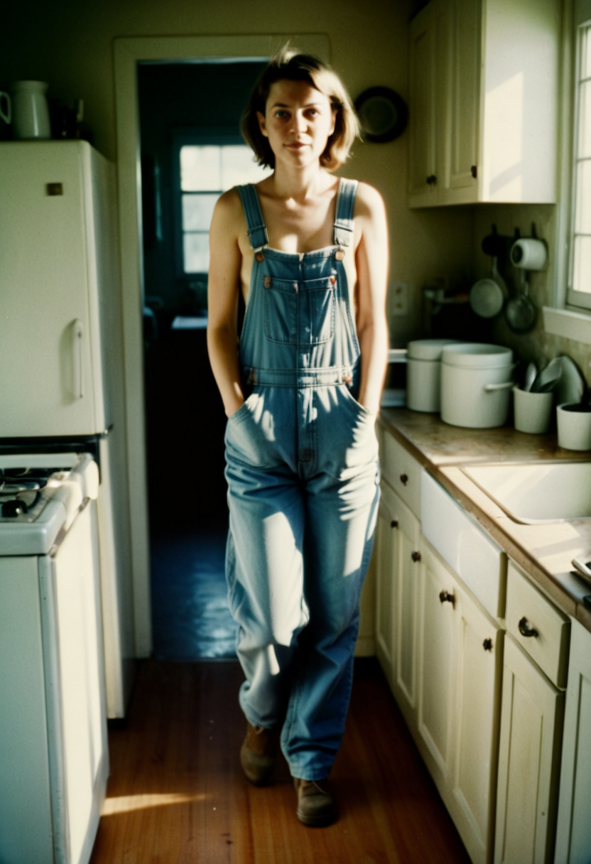 Stable Diffusion prompt: This is a candid, full body, analog film photograph of a woman wearing overalls ...