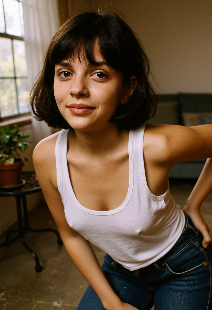 FLUX prompt: The 30 year old woman in the film photograph is standing and leaning forward wit...