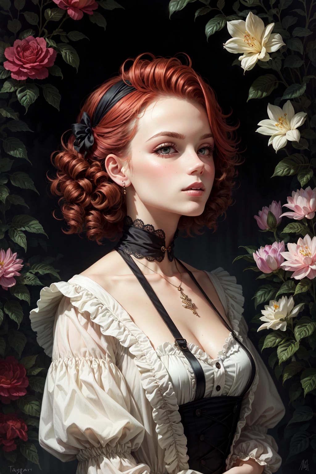 UnstableInkDream prompt: portrait of Victorian 80s punk woman with red hair, a splash of pastel colors, p...