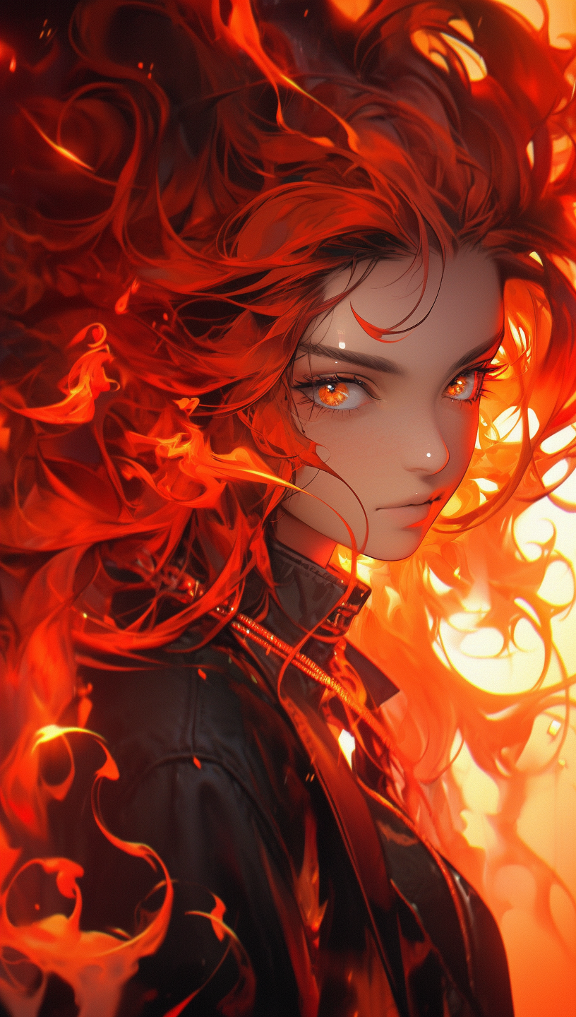 Midjourney prompt: An illustration of a fierce character with fiery red hair, in the style of Molec...