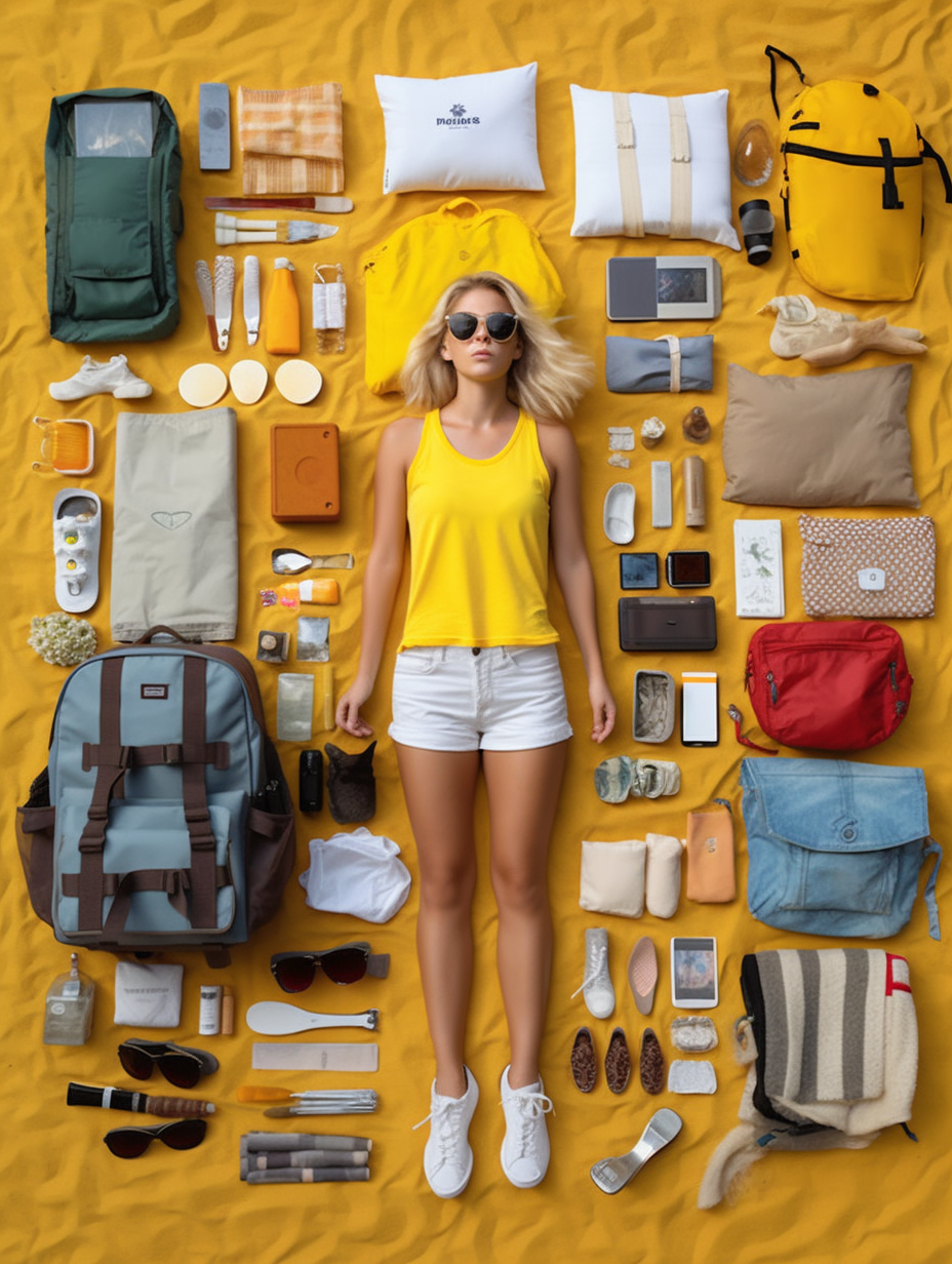 Midjourney prompt: Description with knolling parts, fashion girl, Full body, one American girl, wea...