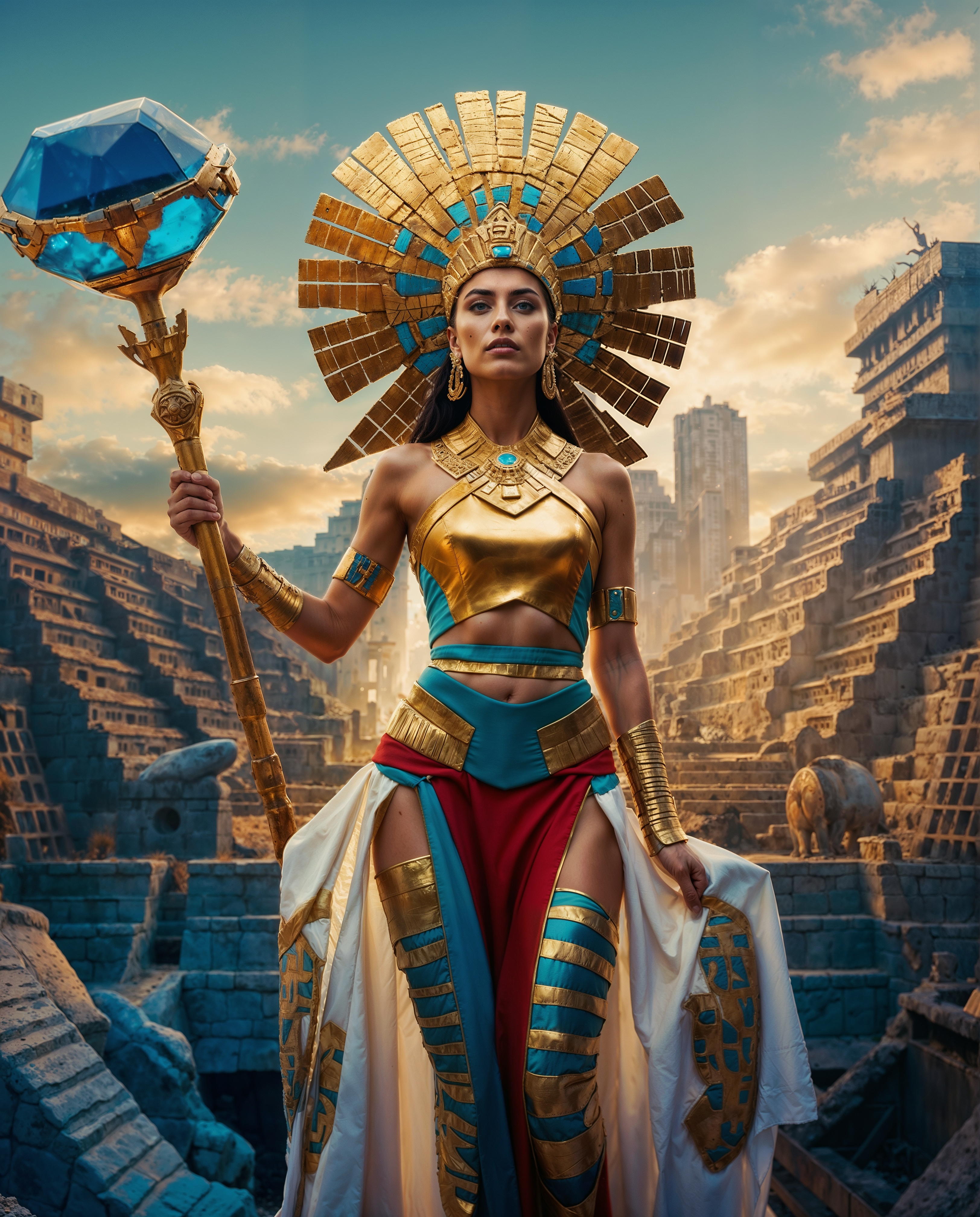 SD XL prompt: A striking conceptual image of a futuristic Aztec city, blending ancient archite...