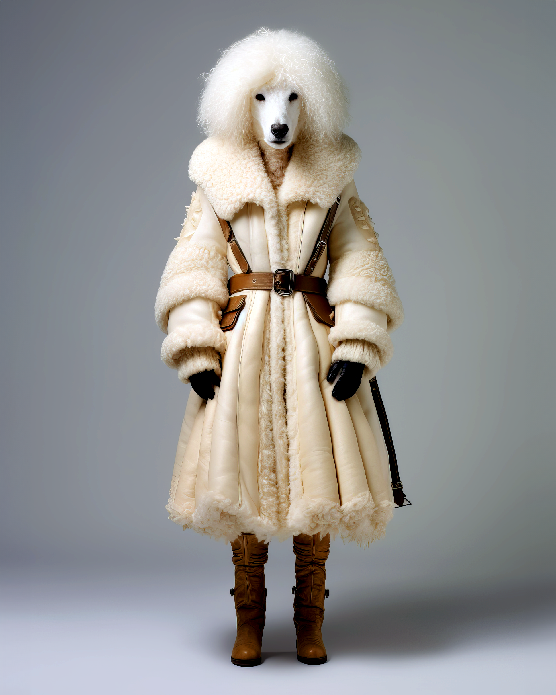Midjourney prompt: fall 2017 paris fashion week, in the style of irving penn, ivory, poodlepunk, 18...