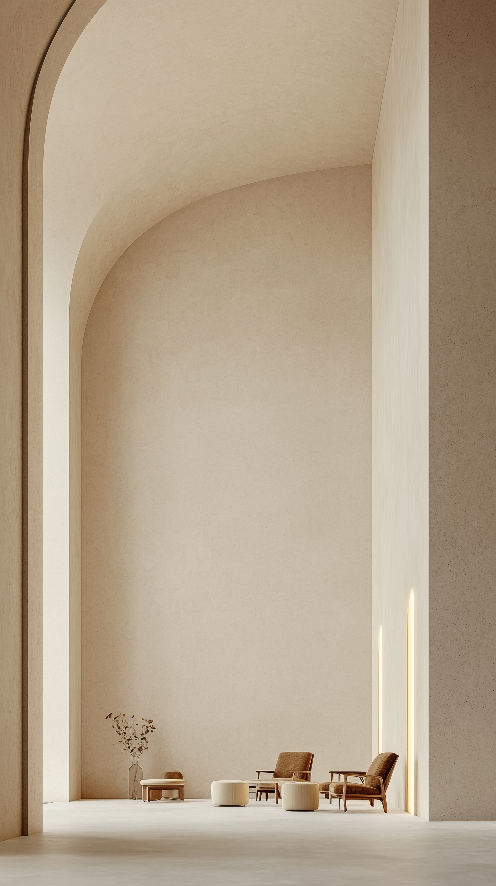 Midjourney prompt: photorealistic rendering, hotel lounge interior, smooth gypsum wall material, mi...