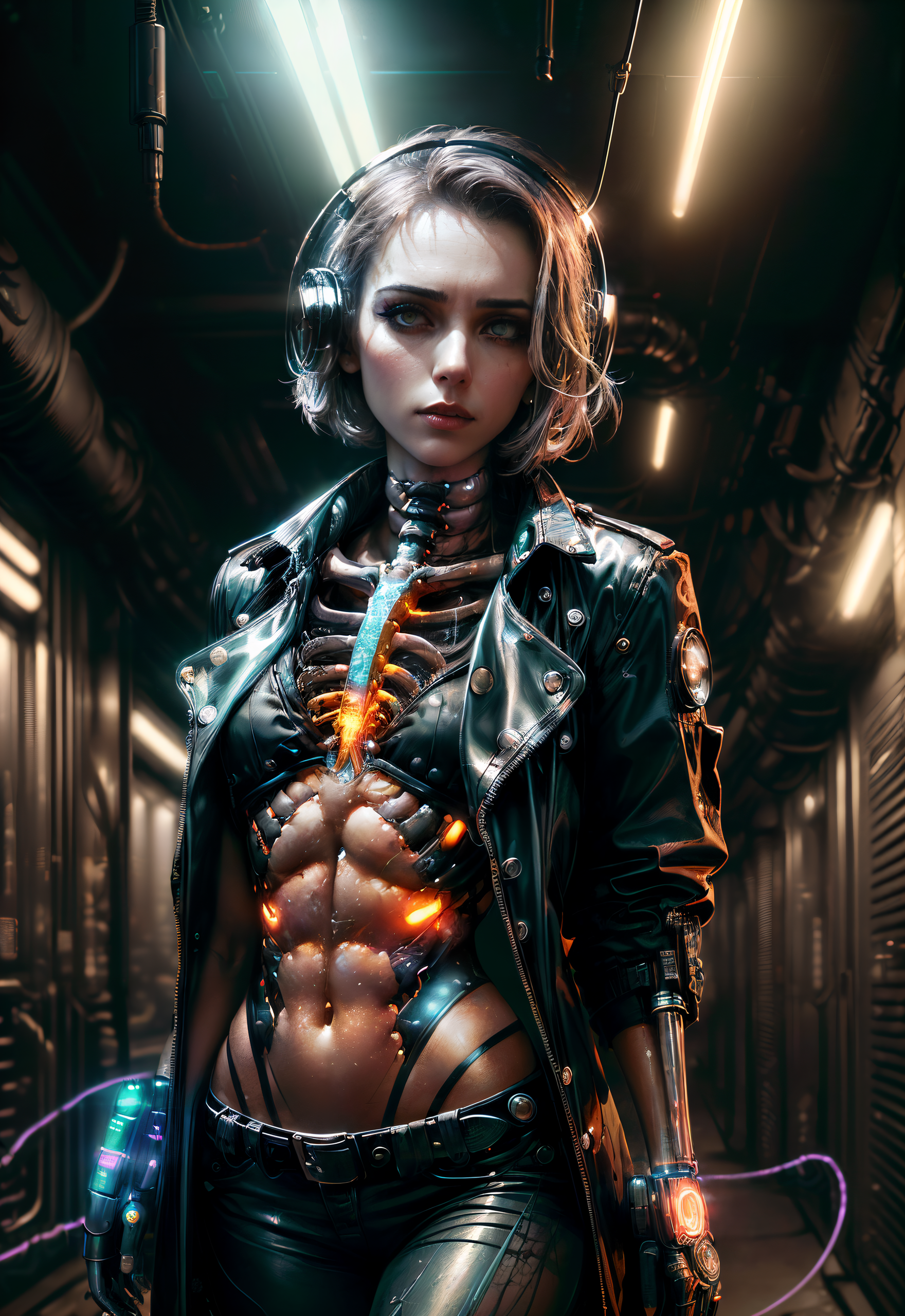 DreamShaper prompt: (delightful anatomy:1.1), (gloomy human female, metal ribs, illumination, insane...