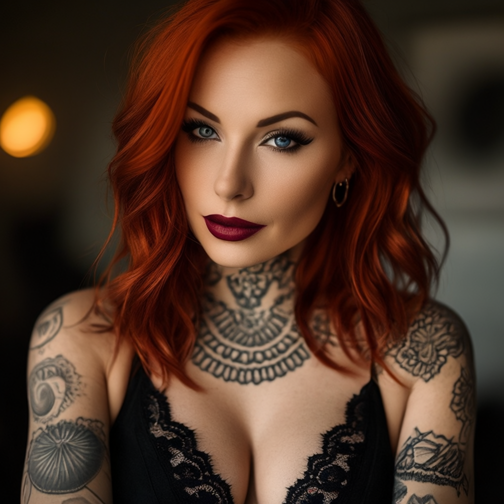Stable Diffusion prompt: red hair woman, ultra realistic, high quality, 8k, tattoo