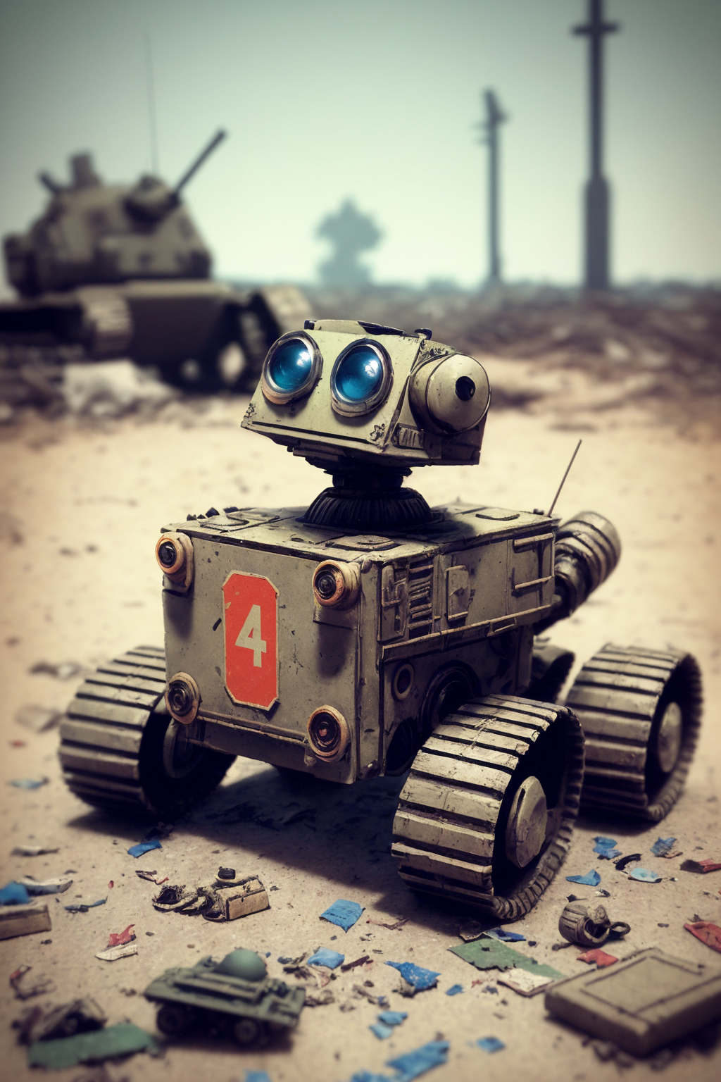 Deliberate prompt: 50mm film photography, world war first photo on the battlefield, small cute mech...