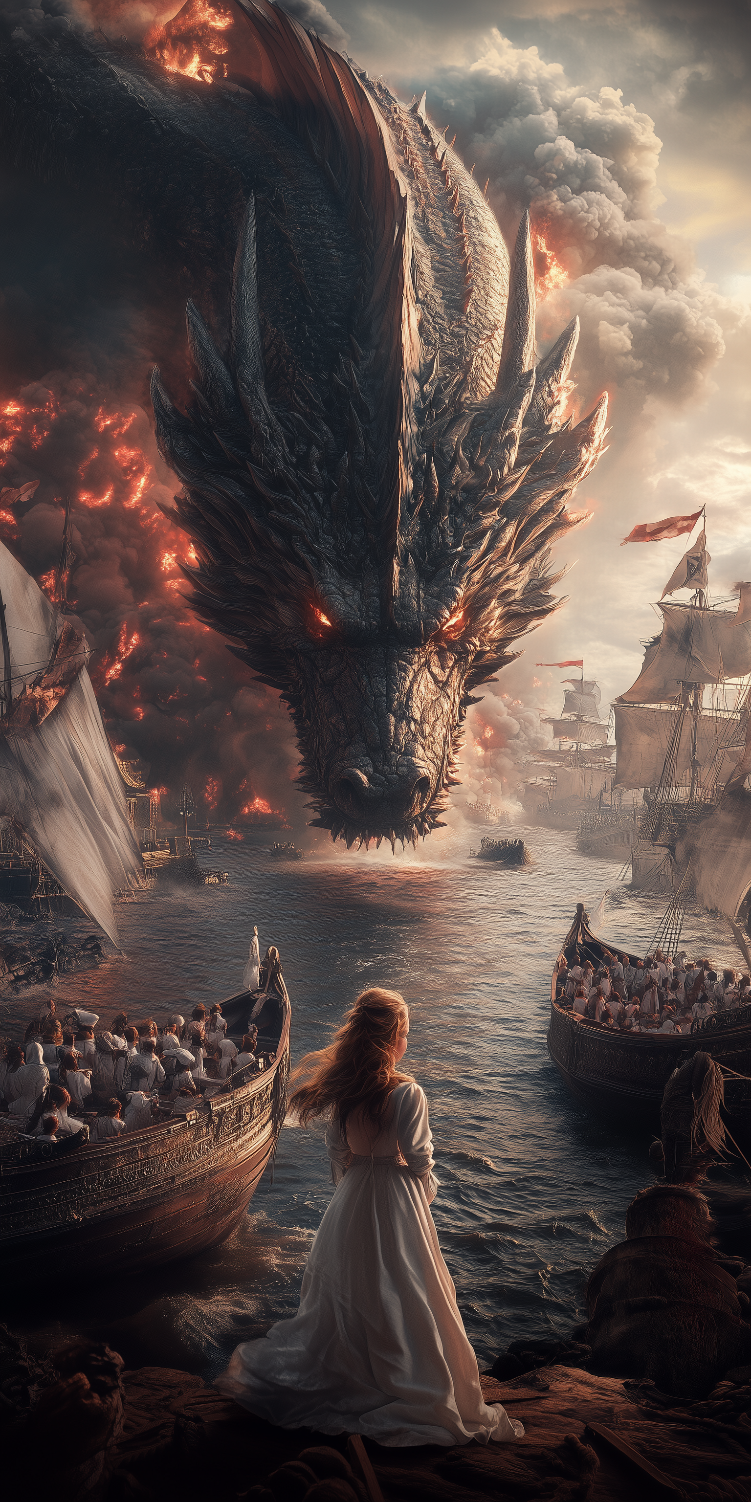 Midjourney prompt: A massive dragon with glowing eyes and sharp teeth looms over the river, people ...