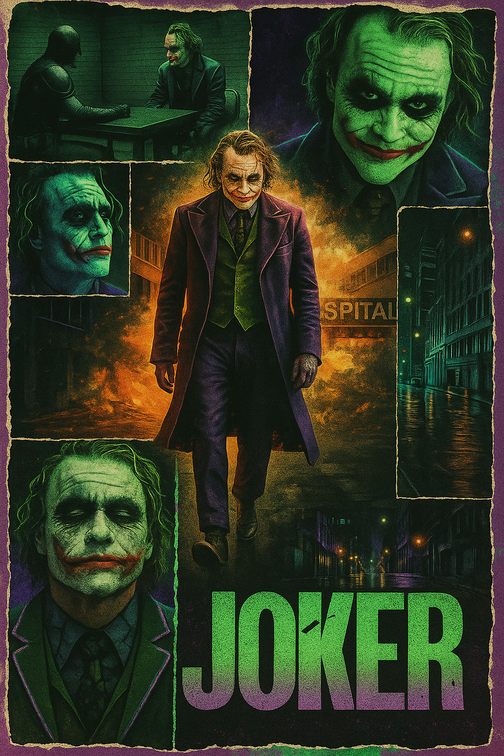 ChatGPT Image prompt: A retro vintage collage design of Heath Ledger as the Joker. The central image s...