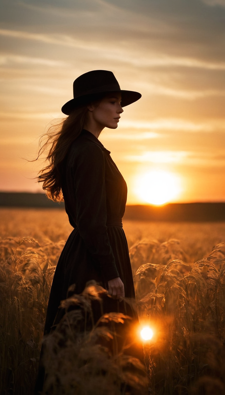 Stable Diffusion prompt: A fashion editorial, silhouette of long haired woman in black hat standing in a ...