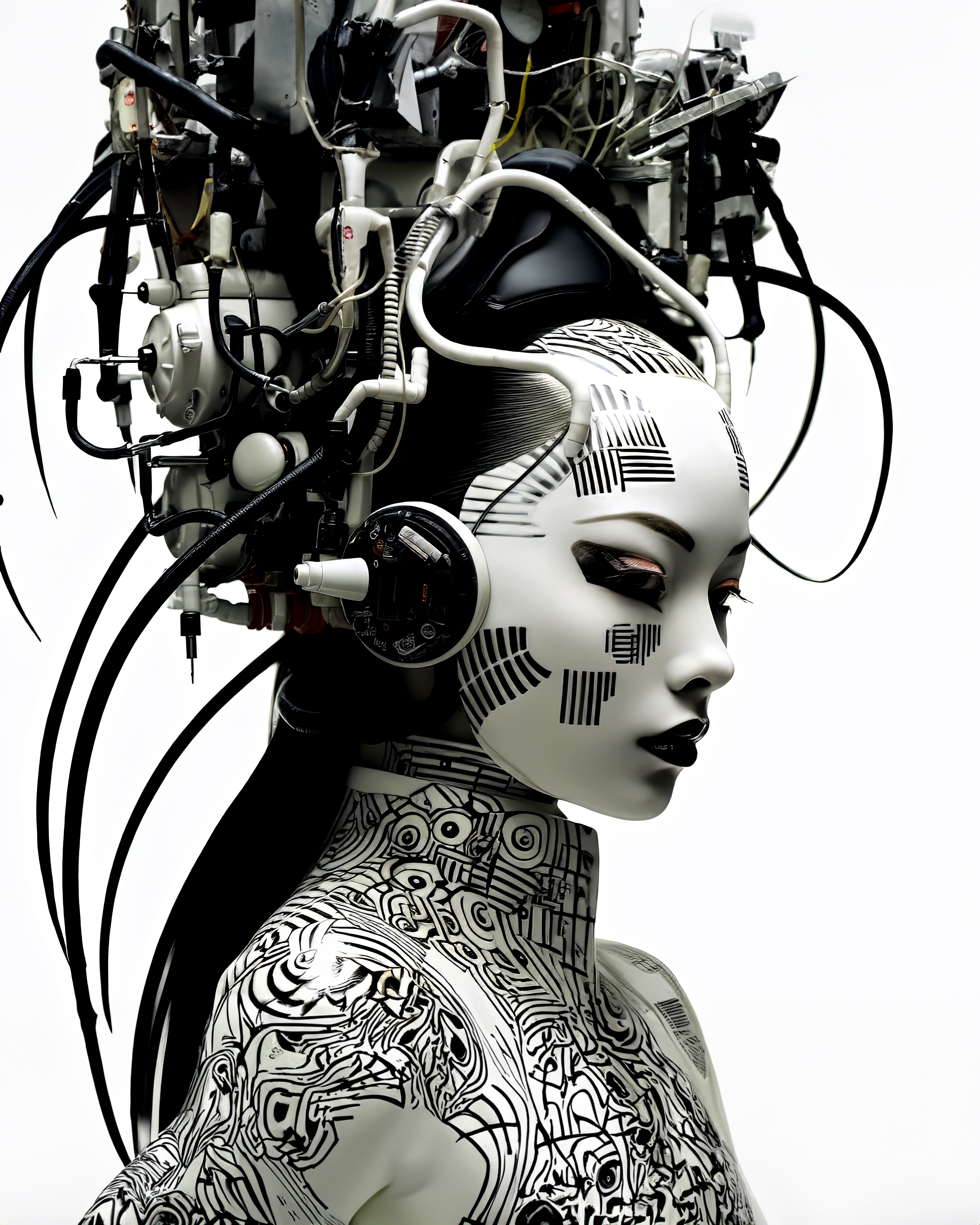 Midjourney prompt: a woman wearing a white and black costume with black wires in the face, in the s...