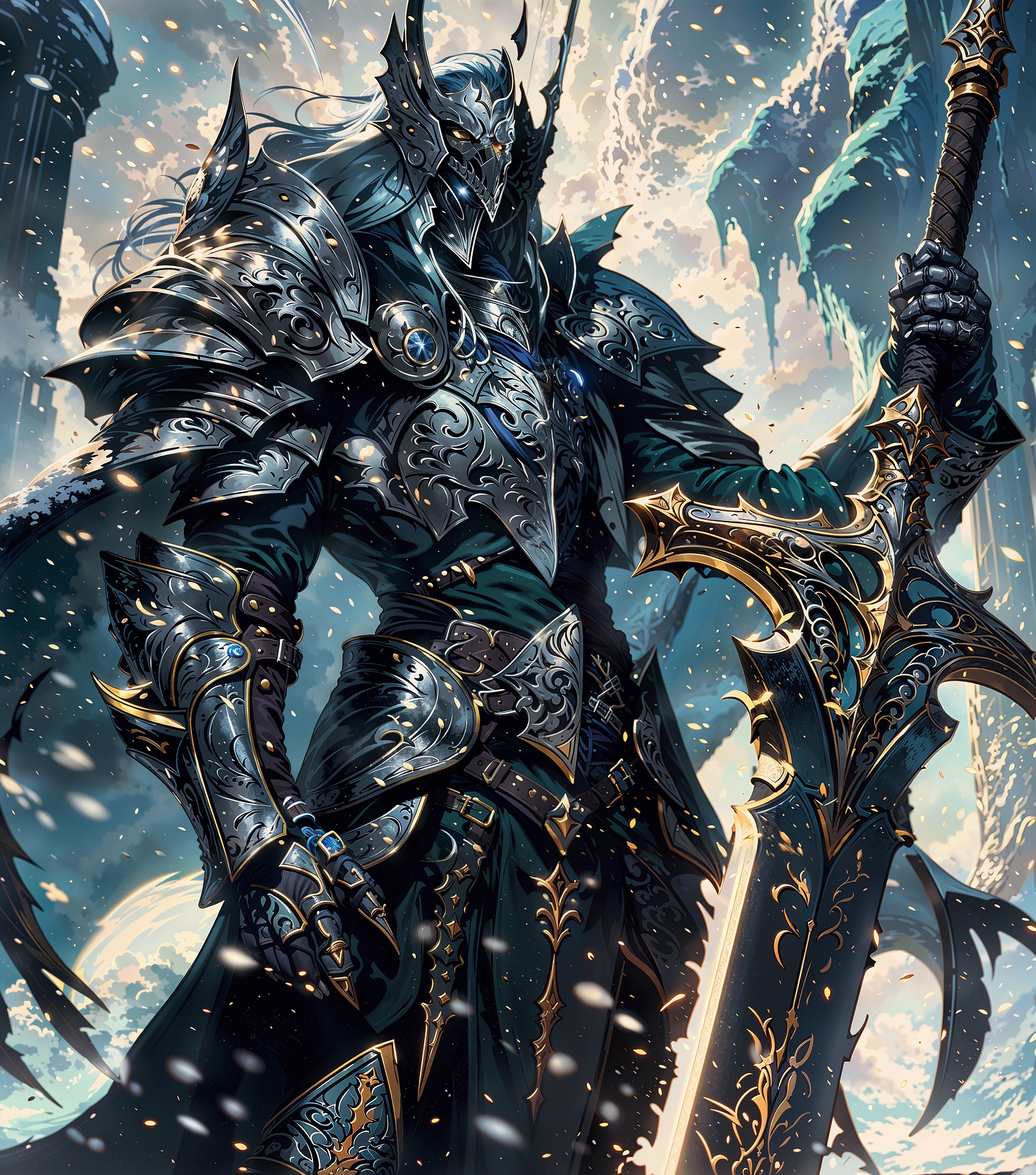 Stable Diffusion prompt: A highly detailed, close-up concept art of a figure gripping a giant sword, rend...