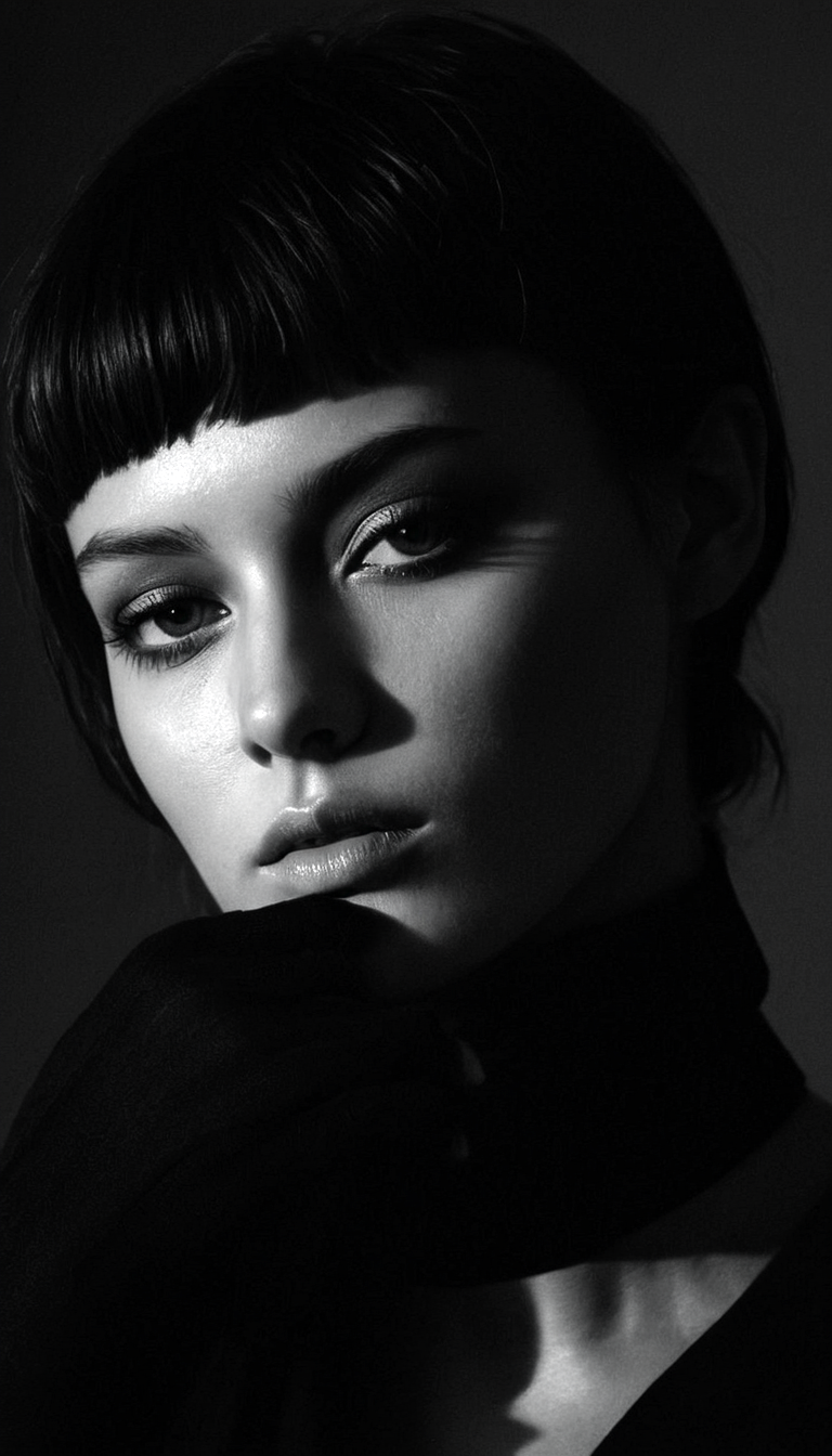 Stable Diffusion prompt: black and white photography, fashion editorial, a beautiful woman is studio ligh...