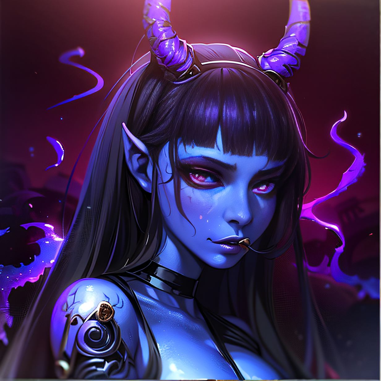 ReV Animated prompt: a close up of a woman with horns and a demon face, blue tiefling, tiefling, demo...